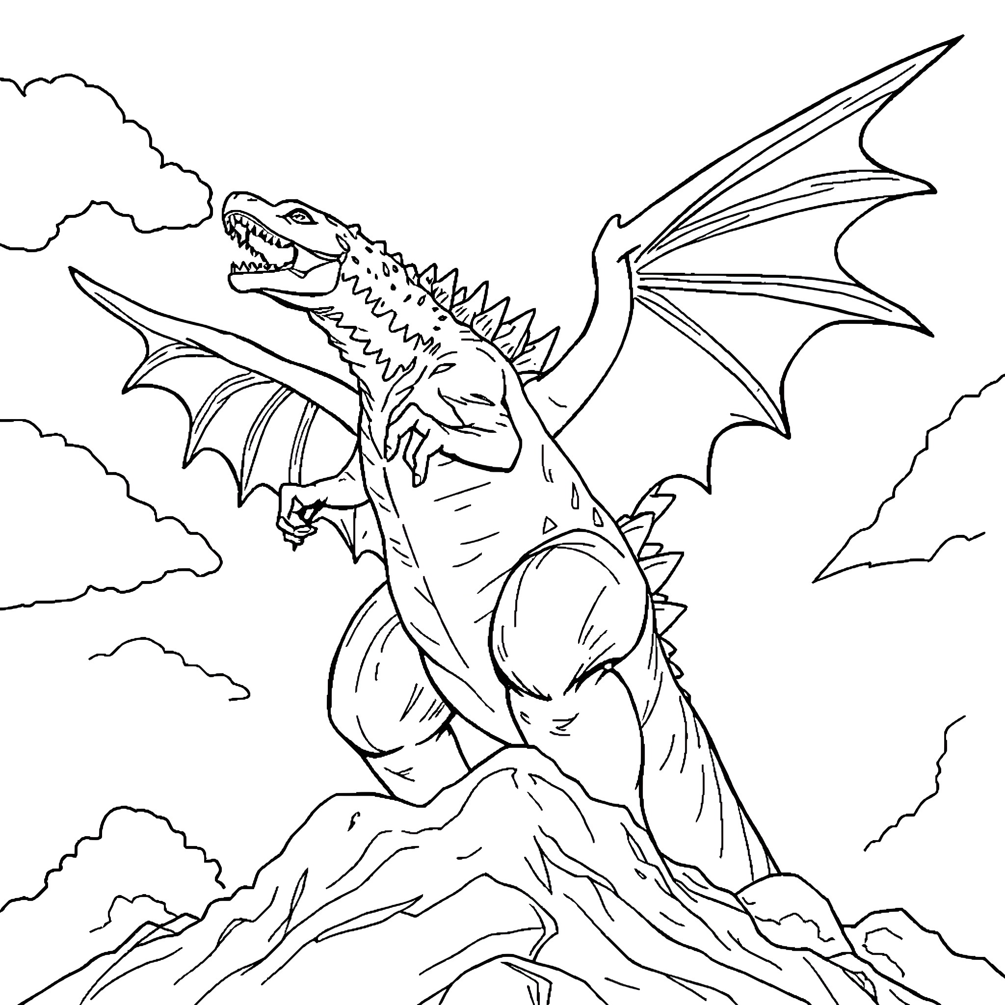 Godzilla rampaging through a stormy landscape Coloring Page (free black-and-white line drawing printable PDF for all, from beginners to advanced learners, including children, teens, adults, and seniors)