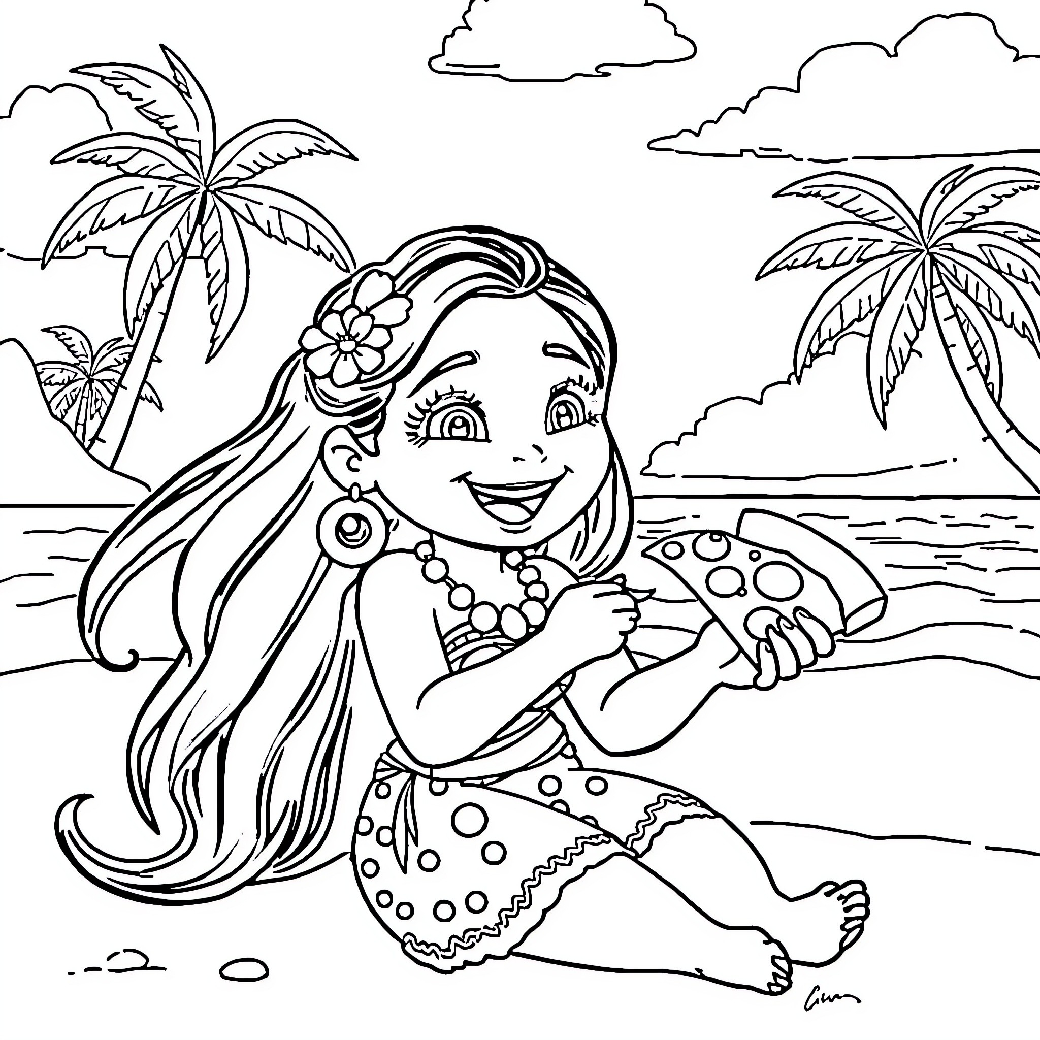 Moana enjoying a sunny day on the beach Coloring Page (free black-and-white line drawing printable PDF for all, from beginners to advanced learners, including children, teens, adults, and seniors)