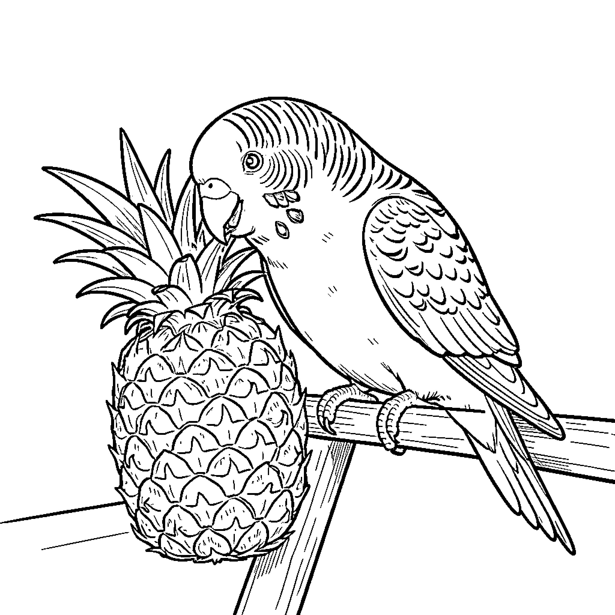Parakeet perched on a branch near a pineapple Coloring Page (free black-and-white line drawing printable PDF for all, from beginners to advanced learners, including children, teens, adults, and seniors)