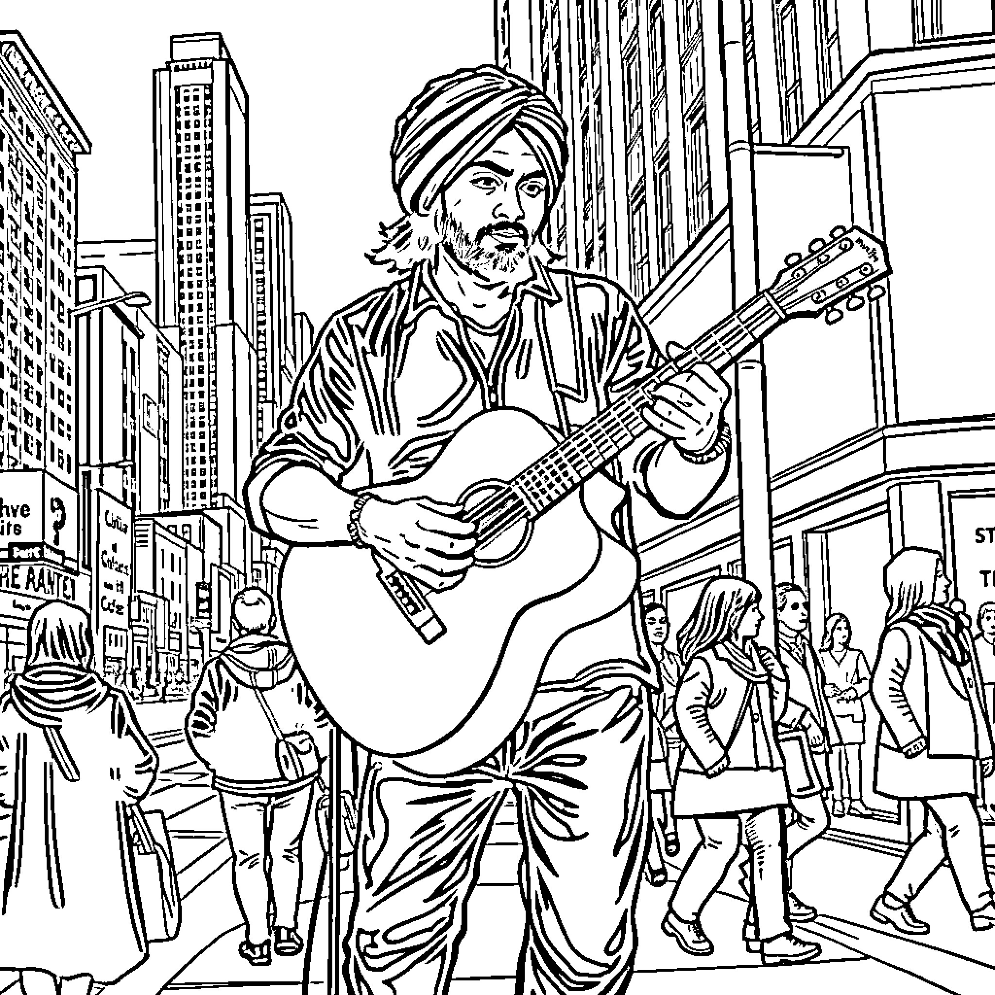 Khan busking with guitar in the city streets Coloring Page (free black-and-white line drawing printable PDF for all, from beginners to advanced learners, including children, teens, adults, and seniors)