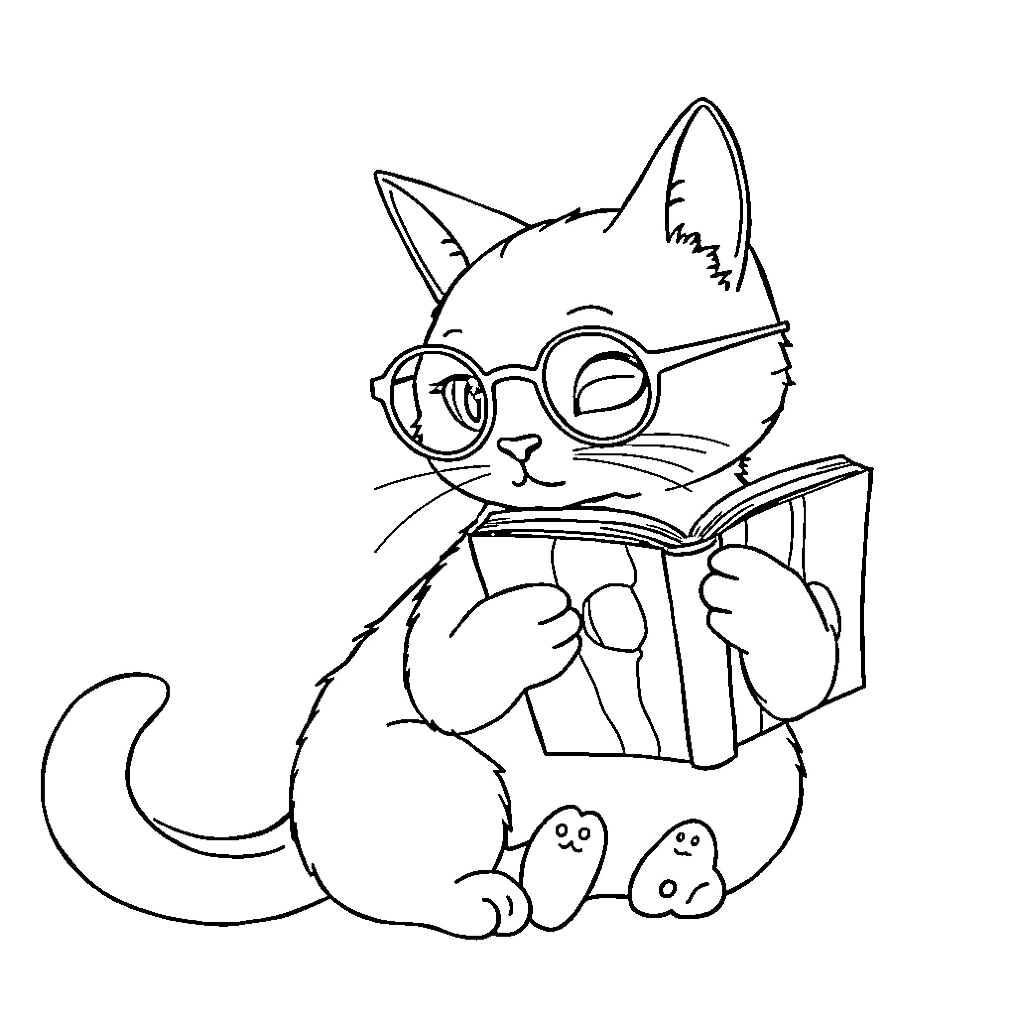 Cat reading a book in glasses Coloring Page (free black-and-white line drawing printable PDF for all, from beginners to advanced learners, including children, teens, adults, and seniors)