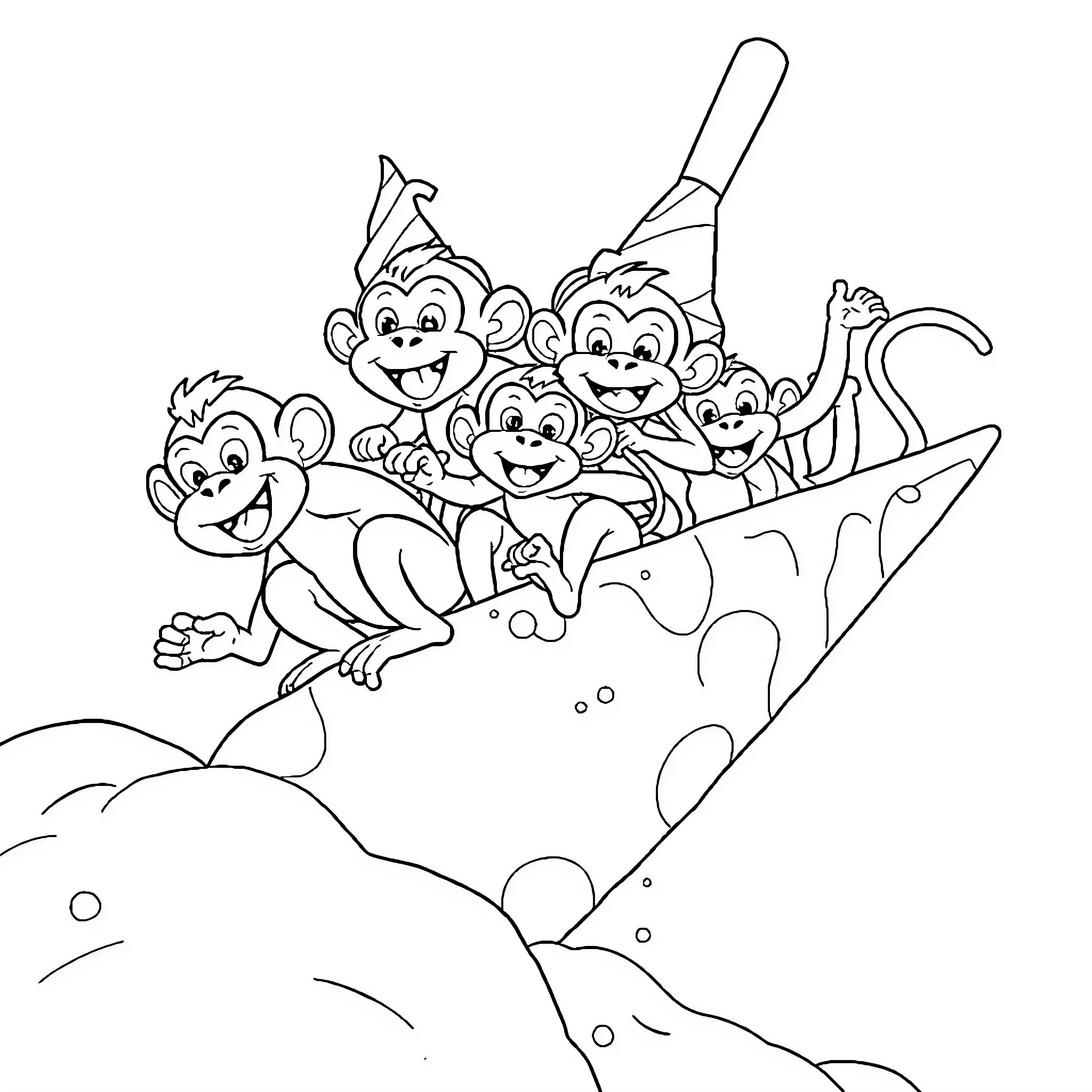 Monkeys joyfully riding a sled down a snowy hill Coloring Page (free black-and-white line drawing printable PDF for all, from beginners to advanced learners, including children, teens, adults, and seniors)