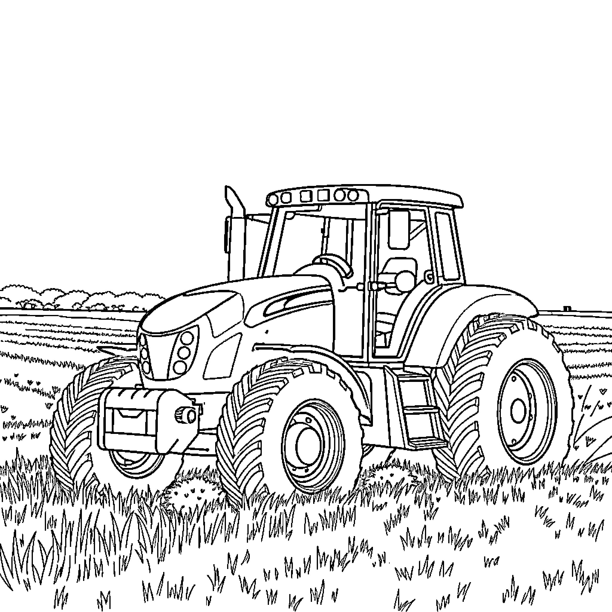 Tractor working in the field Coloring Page (free black-and-white line drawing printable PDF for all, from beginners to advanced learners, including children, teens, adults, and seniors)