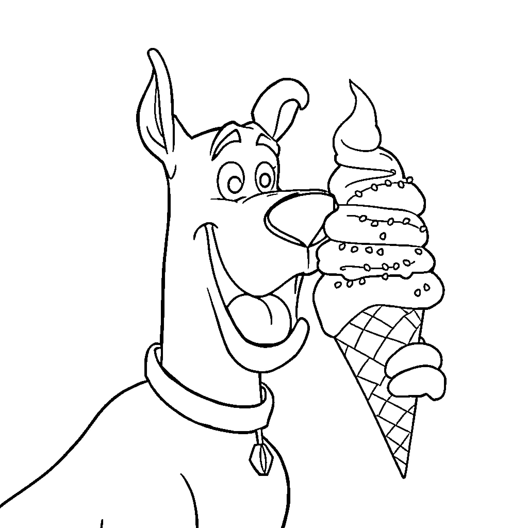 Scooby Doo enjoying a tasty ice cream cone Coloring Page (free black-and-white line drawing printable PDF for all, from beginners to advanced learners, including children, teens, adults, and seniors)