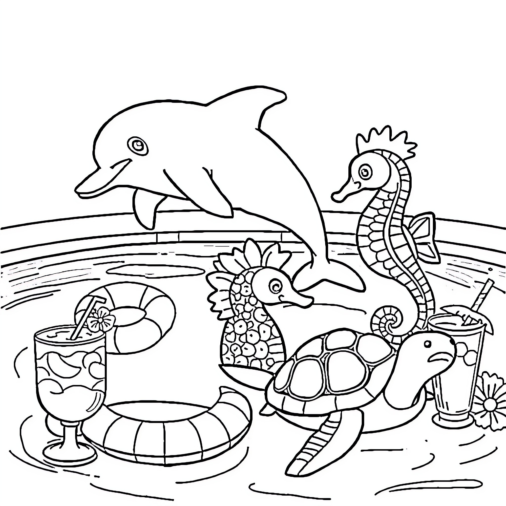 Dolphin and sea creatures playing in the ocean Coloring Page (free black-and-white line drawing printable PDF for all, from beginners to advanced learners, including children, teens, adults, and seniors)