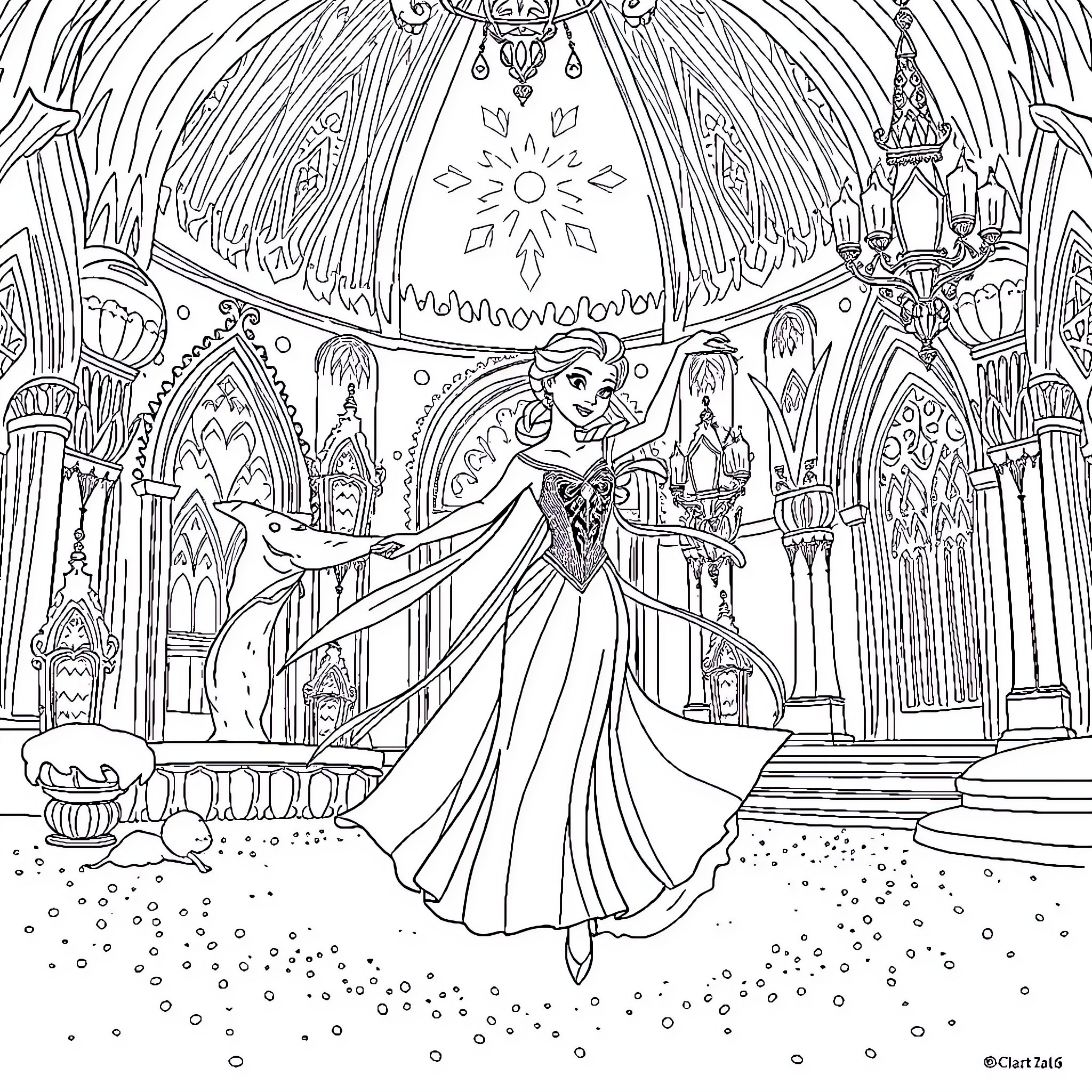 Elsa's Enchanting Dance in the Icy Castle Coloring Page (free black-and-white line drawing printable PDF for all, from beginners to advanced learners, including children, teens, adults, and seniors)