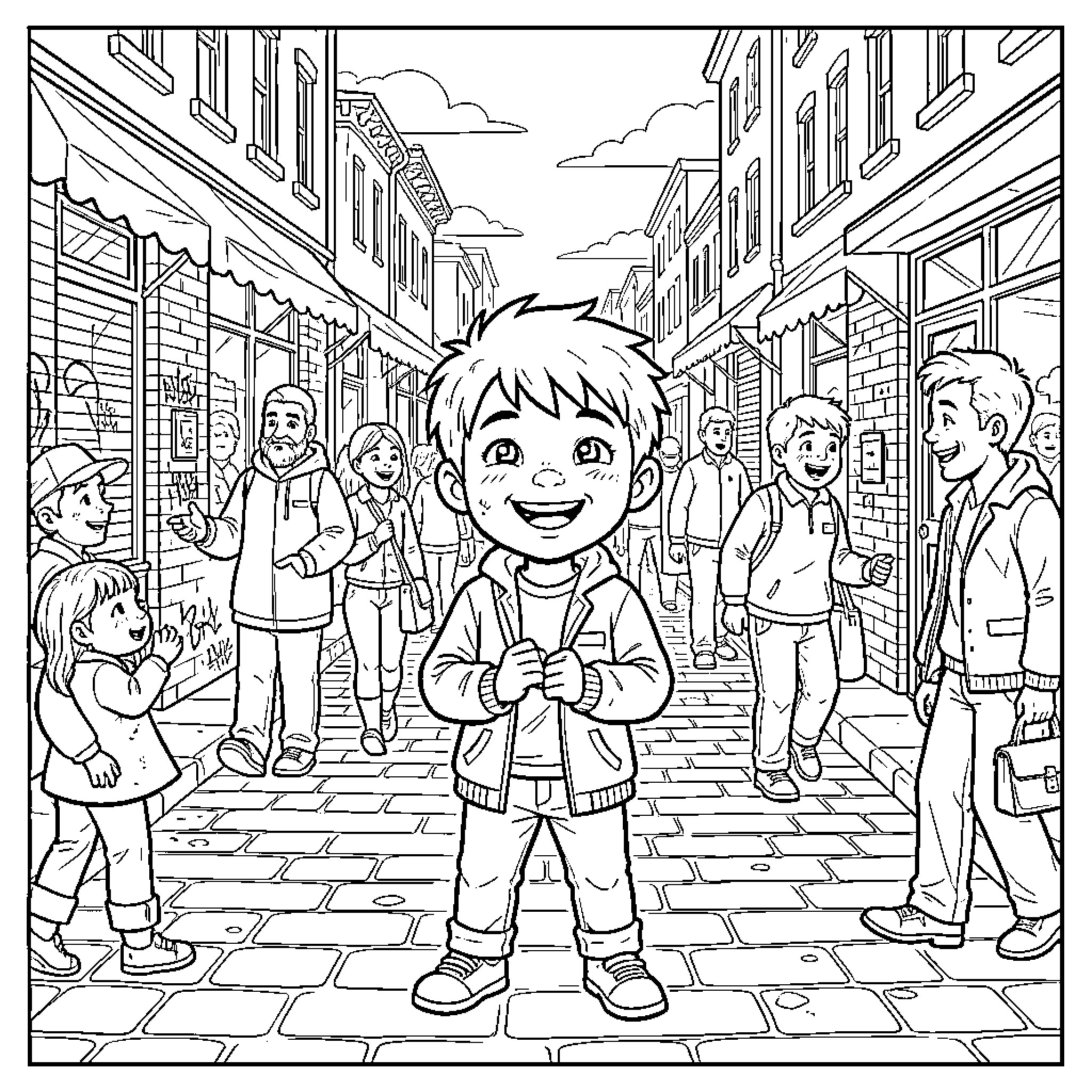 Enfant smiling joyfully while walking through a busy street Coloring Page (free black-and-white line drawing printable PDF for all, from beginners to advanced learners, including children, teens, adults, and seniors)