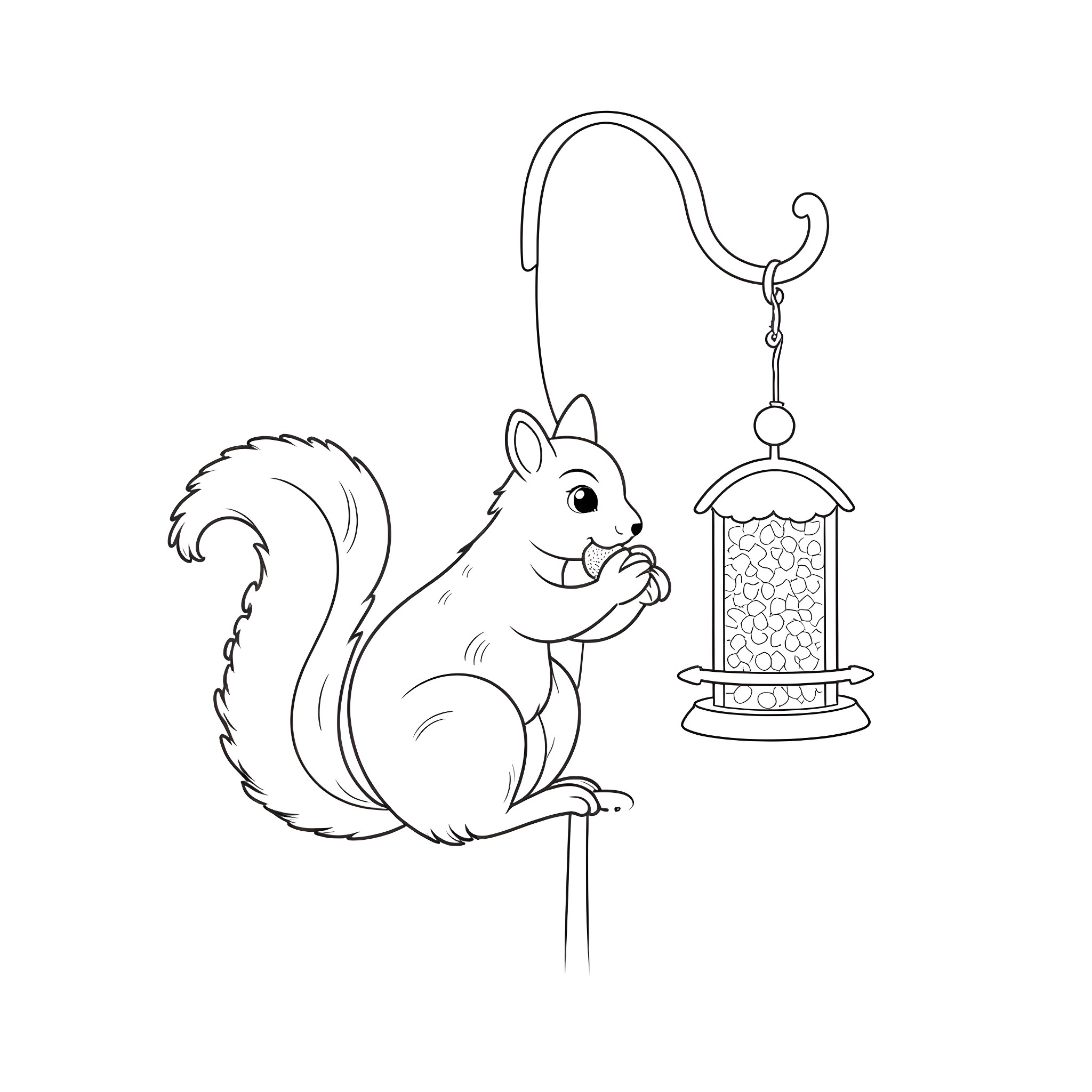 Squirrel investigating a birdfeeder Coloring Page (free black-and-white line drawing printable PDF for all, from beginners to advanced learners, including children, teens, adults, and seniors)