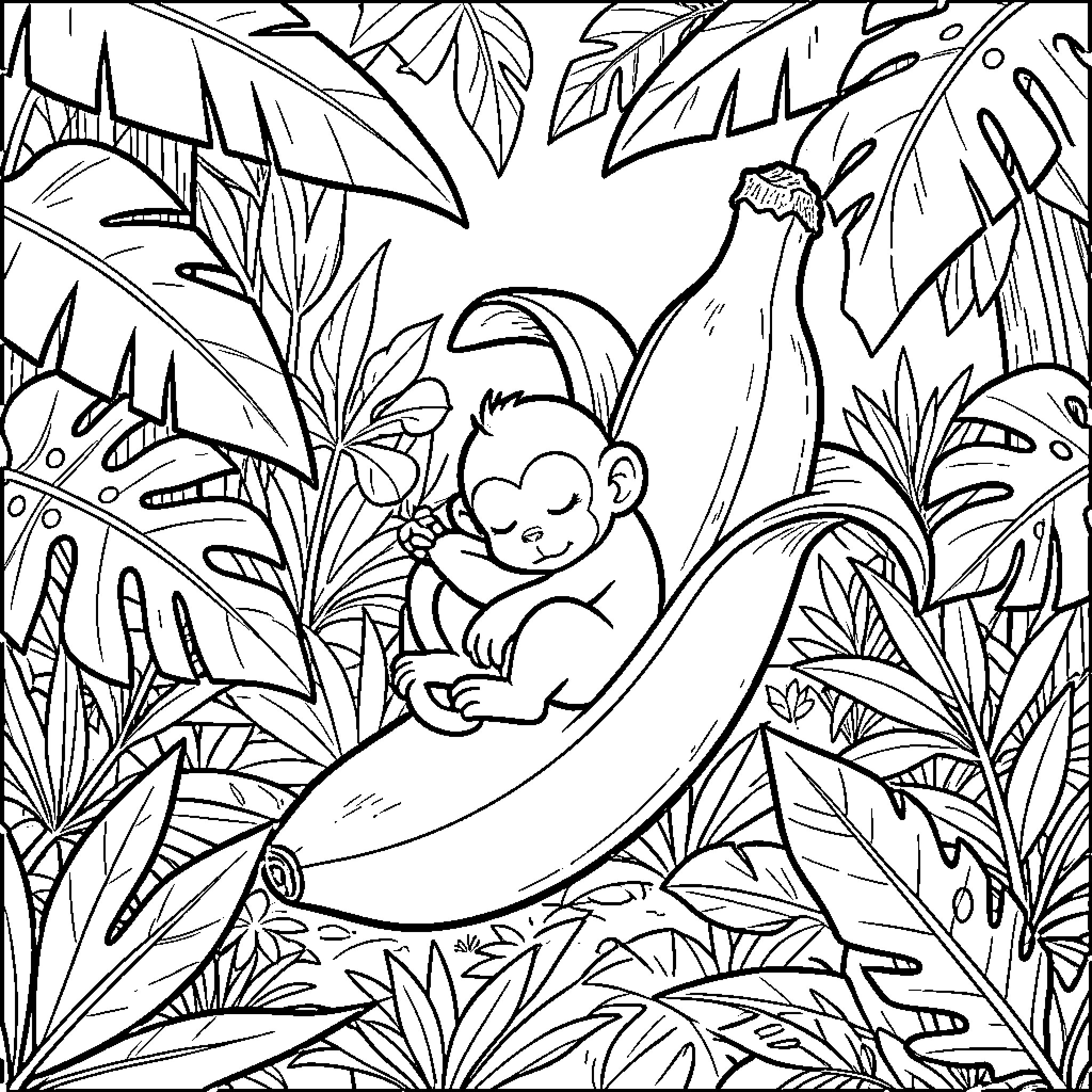 Monkey playing happily in the jungle Coloring Page (free black-and-white line drawing printable PDF for all, from beginners to advanced learners, including children, teens, adults, and seniors)