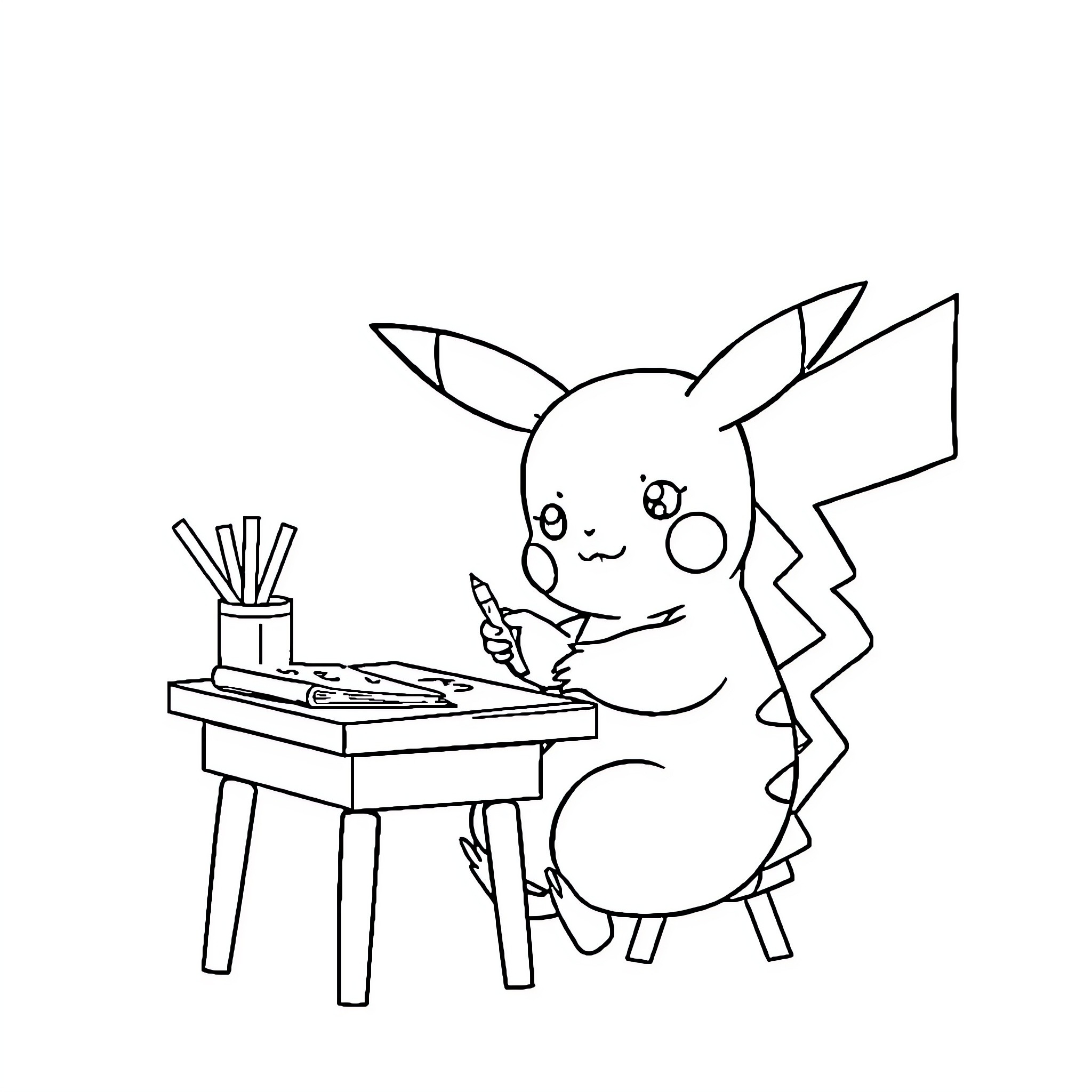 Pikachu drawing at a desk Coloring Page (free black-and-white line drawing printable PDF for all, from beginners to advanced learners, including children, teens, adults, and seniors)
