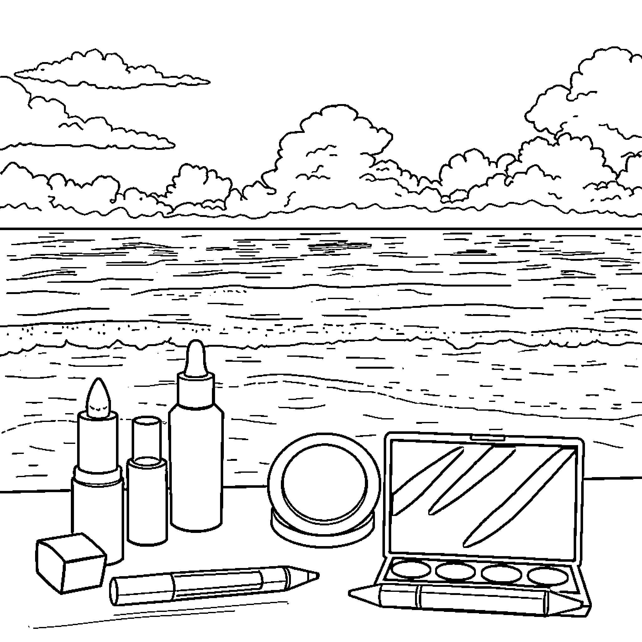 Makeup by the Beach Coloring Page (free black-and-white line drawing printable PDF for all, from beginners to advanced learners, including children, teens, adults, and seniors)