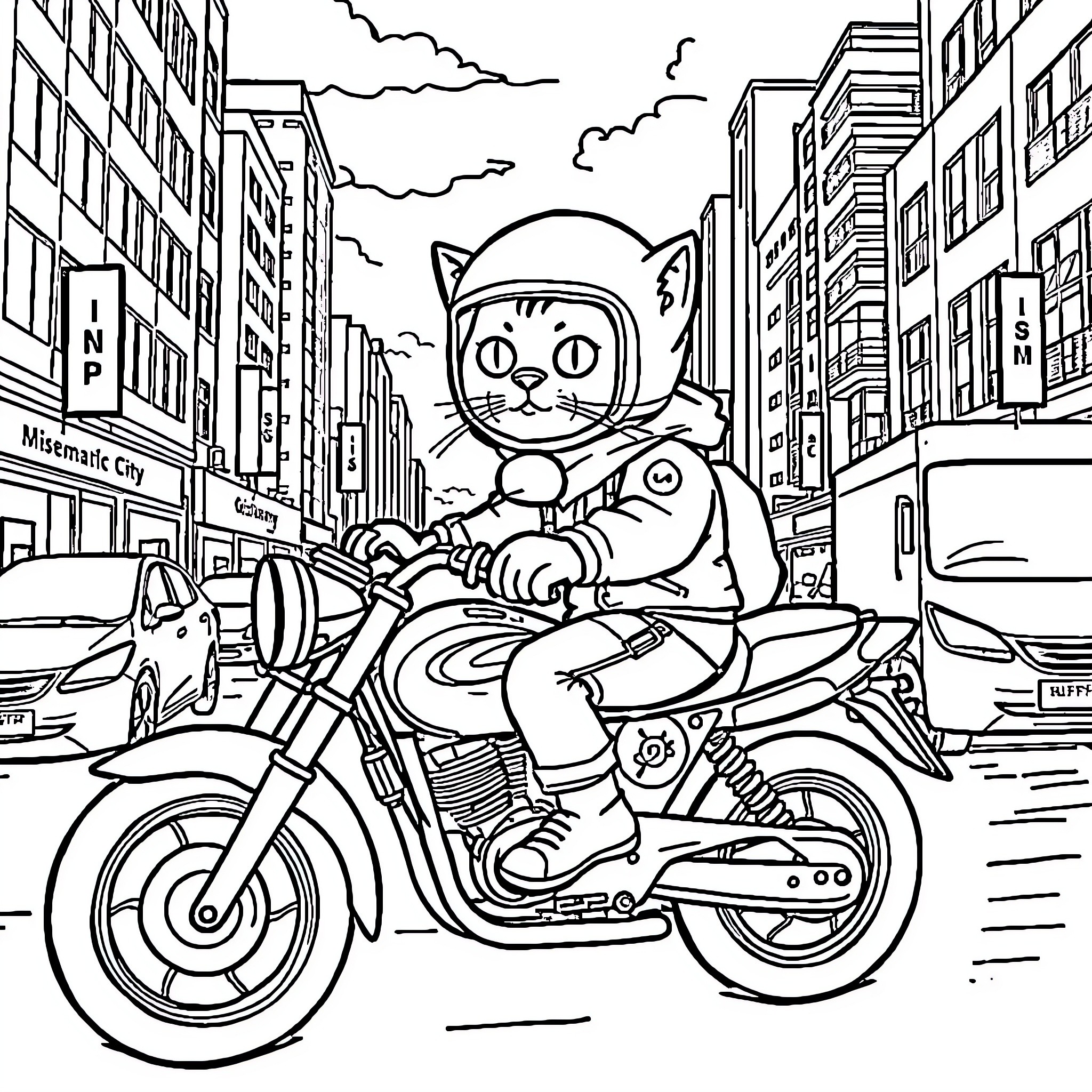 Big Cat riding motorcycle through city street Coloring Page (free black-and-white line drawing printable PDF for all, from beginners to advanced learners, including children, teens, adults, and seniors)