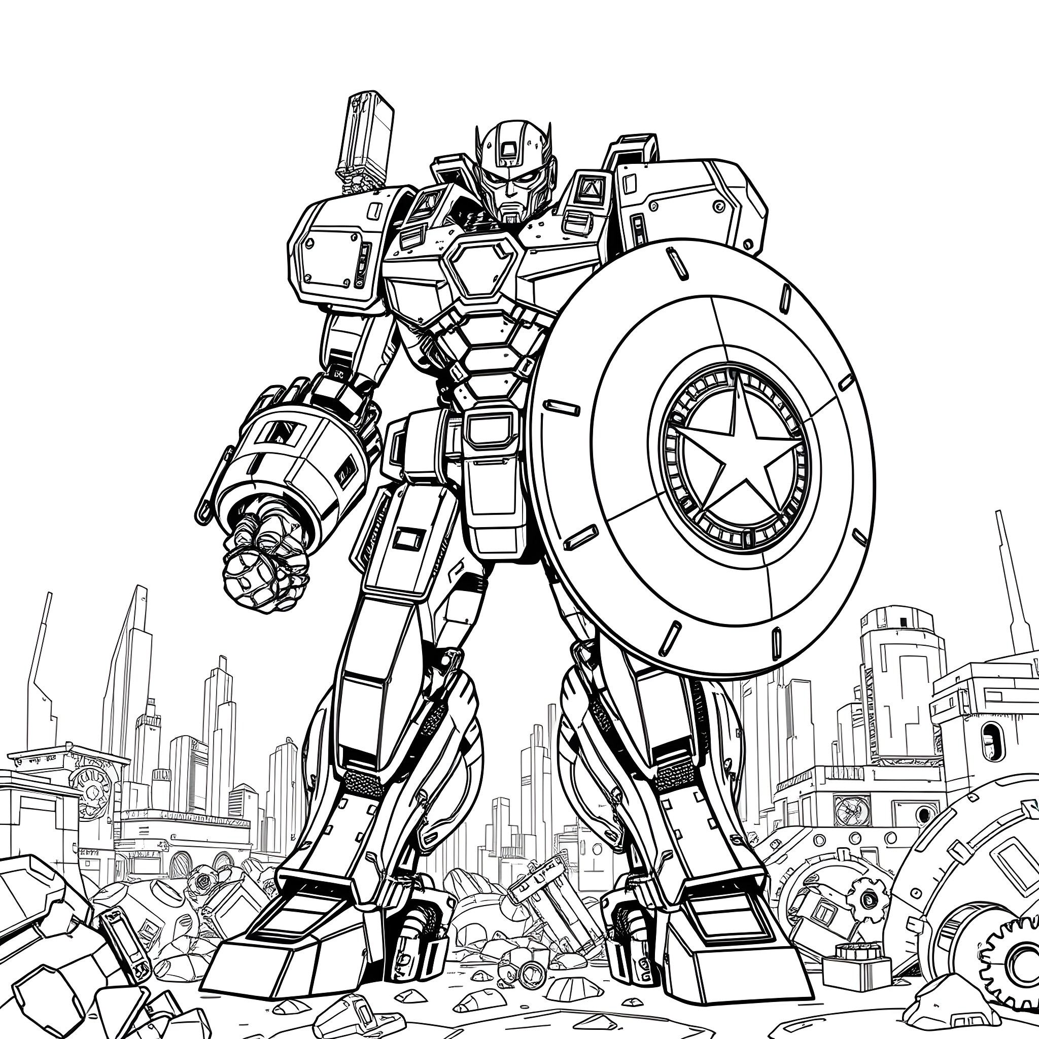 Mecha Captain America Defending the City Coloring Page (free black-and-white line drawing printable PDF for all, from beginners to advanced learners, including children, teens, adults, and seniors)