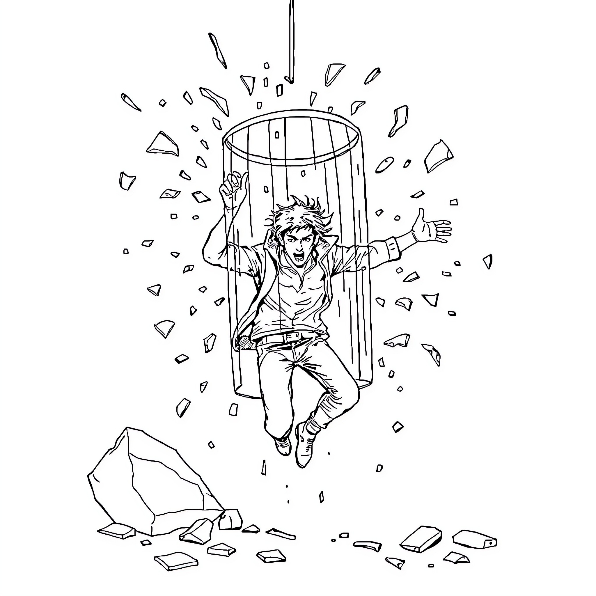 Glass Shattering Illusion of a Trapped Person Coloring Page (free black-and-white line drawing printable PDF for all, from beginners to advanced learners, including children, teens, adults, and seniors)