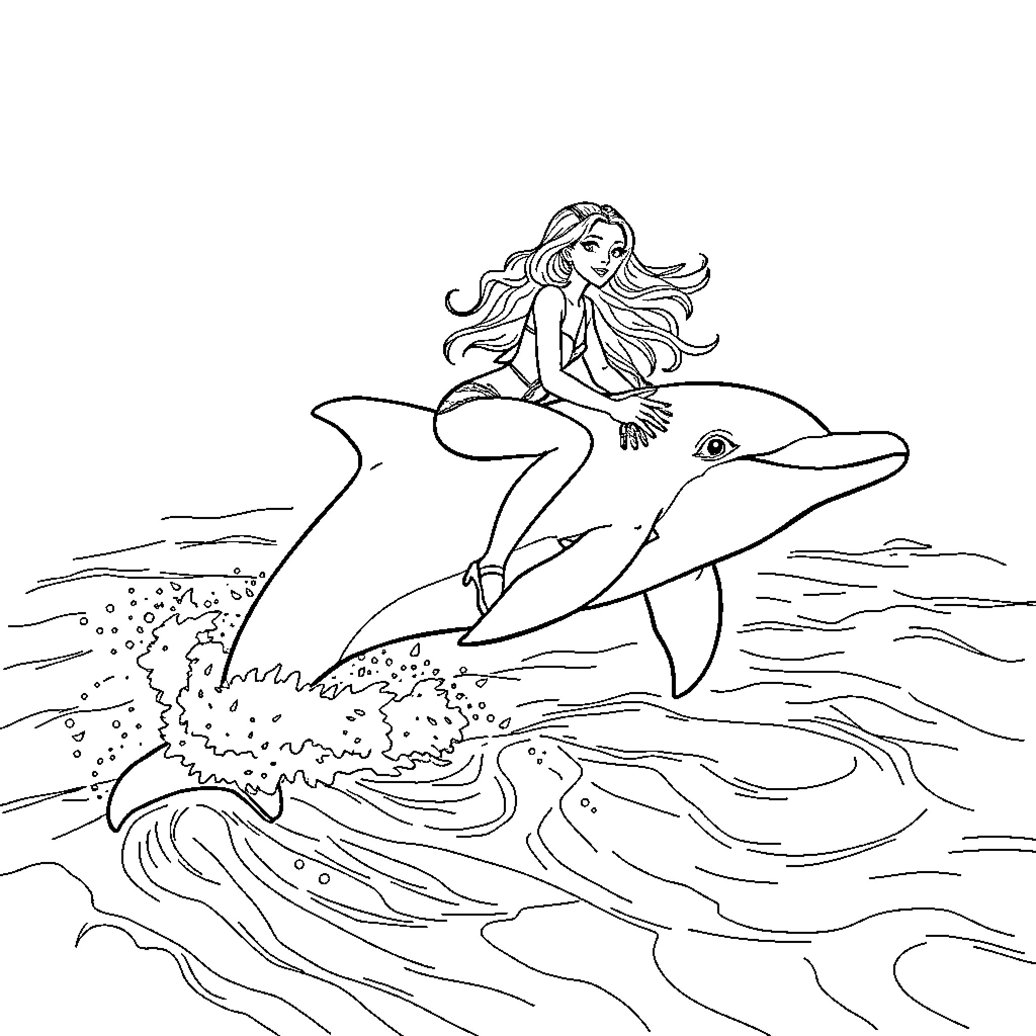 Zendaya riding a dolphin in the ocean Coloring Page (free black-and-white line drawing printable PDF for all, from beginners to advanced learners, including children, teens, adults, and seniors)