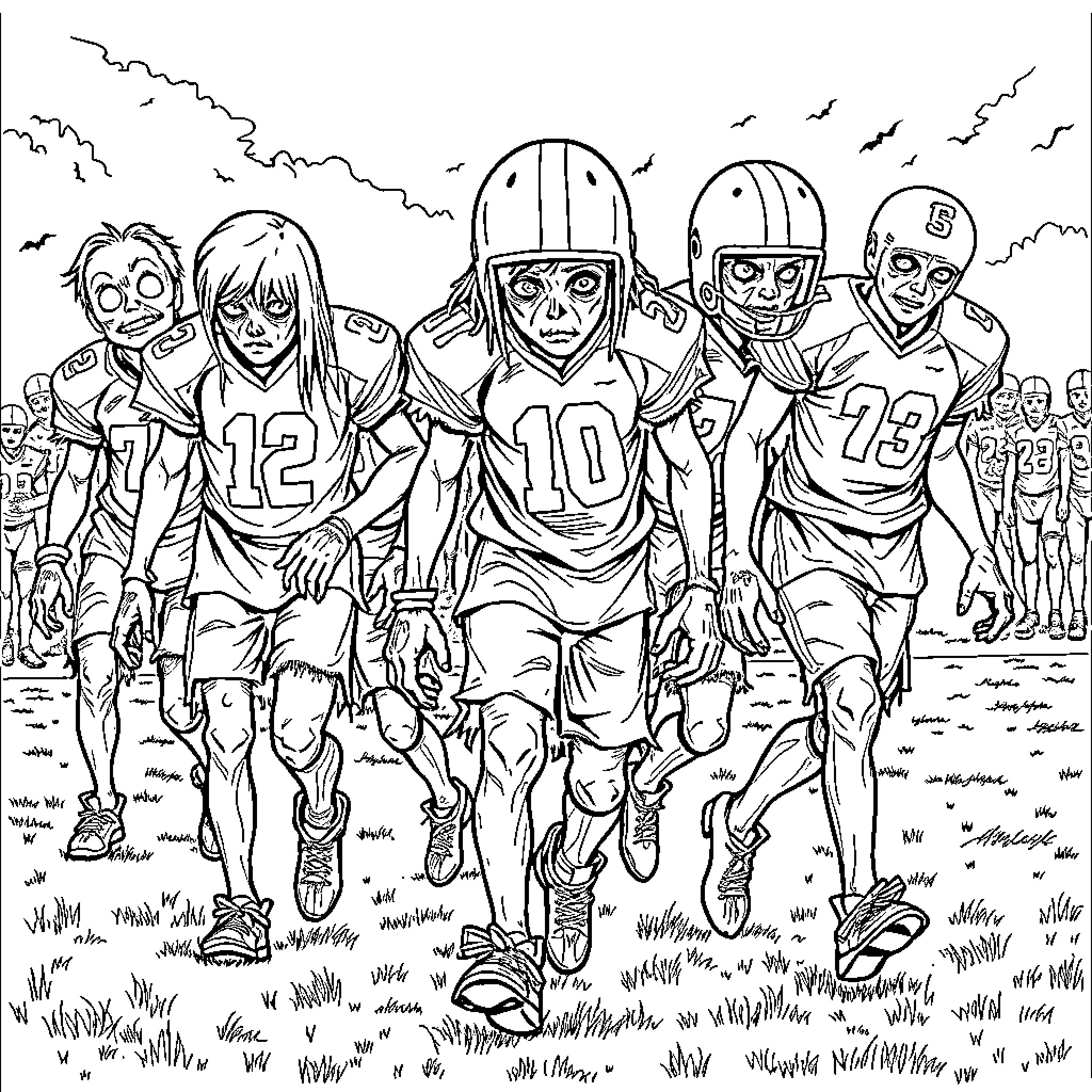 Zombie Football Players Rushing Onto the Field Coloring Page (free black-and-white line drawing printable PDF for all, from beginners to advanced learners, including children, teens, adults, and seniors)