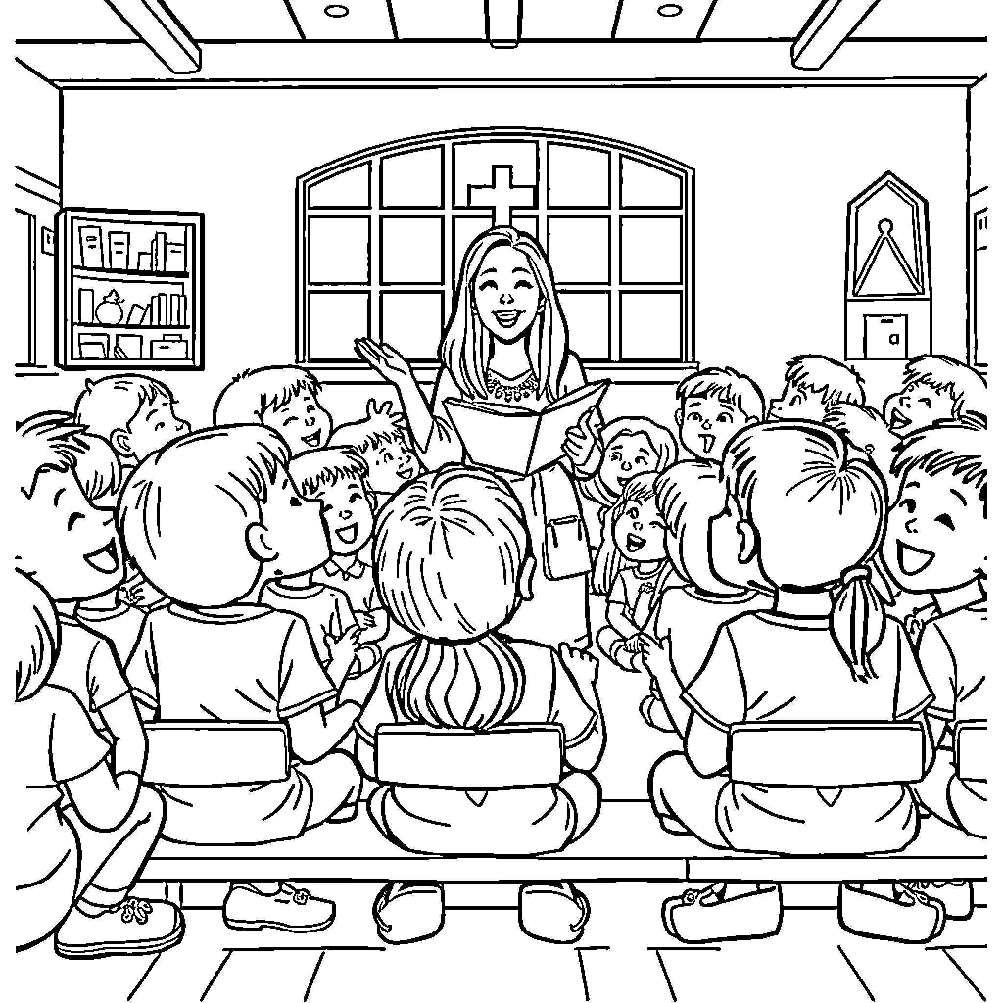 Kid listening to teacher in classroom Coloring Page (free black-and-white line drawing printable PDF for all, from beginners to advanced learners, including children, teens, adults, and seniors)