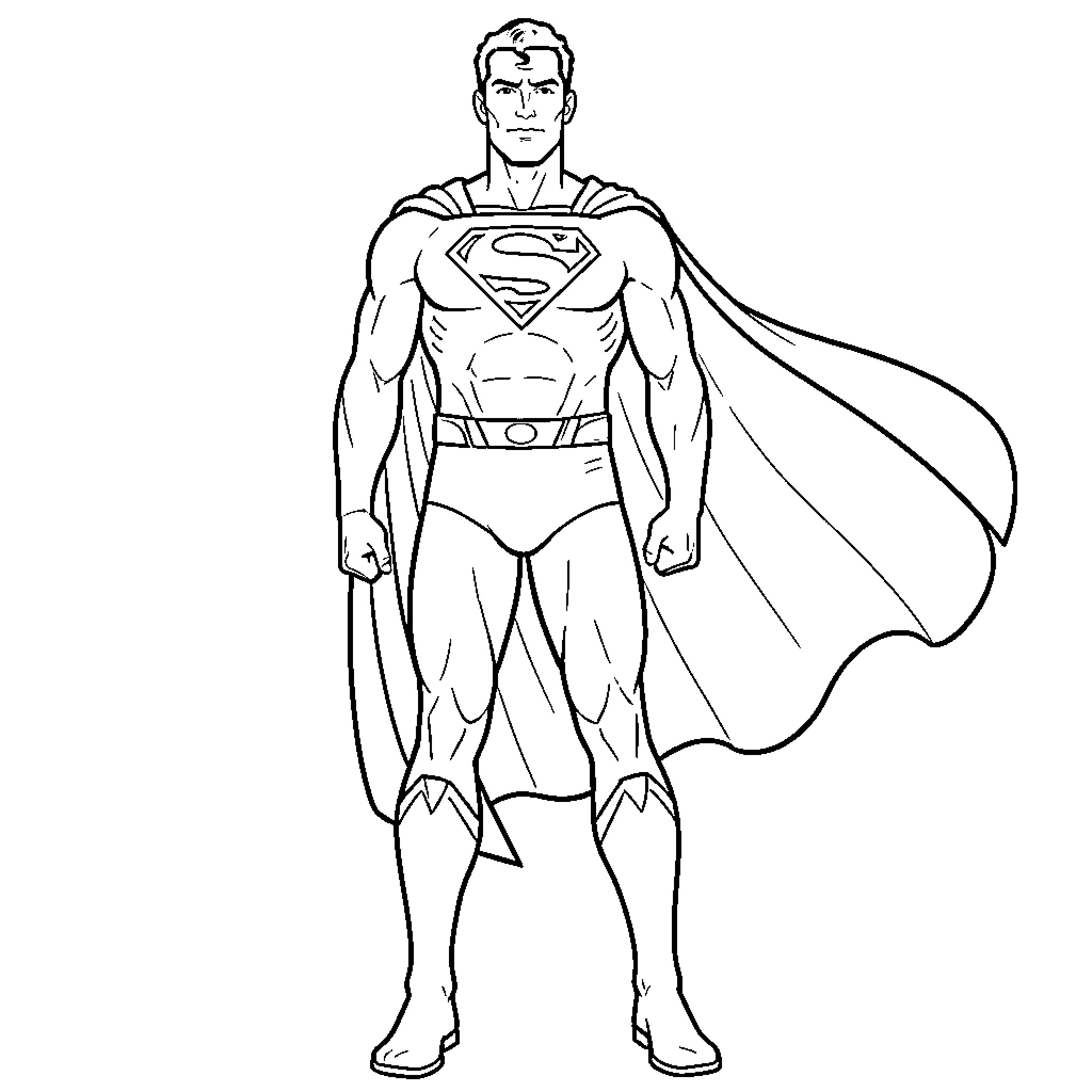 Superman standing heroically in his iconic superhero suit Coloring Page (free black-and-white line drawing printable PDF for all, from beginners to advanced learners, including children, teens, adults, and seniors)