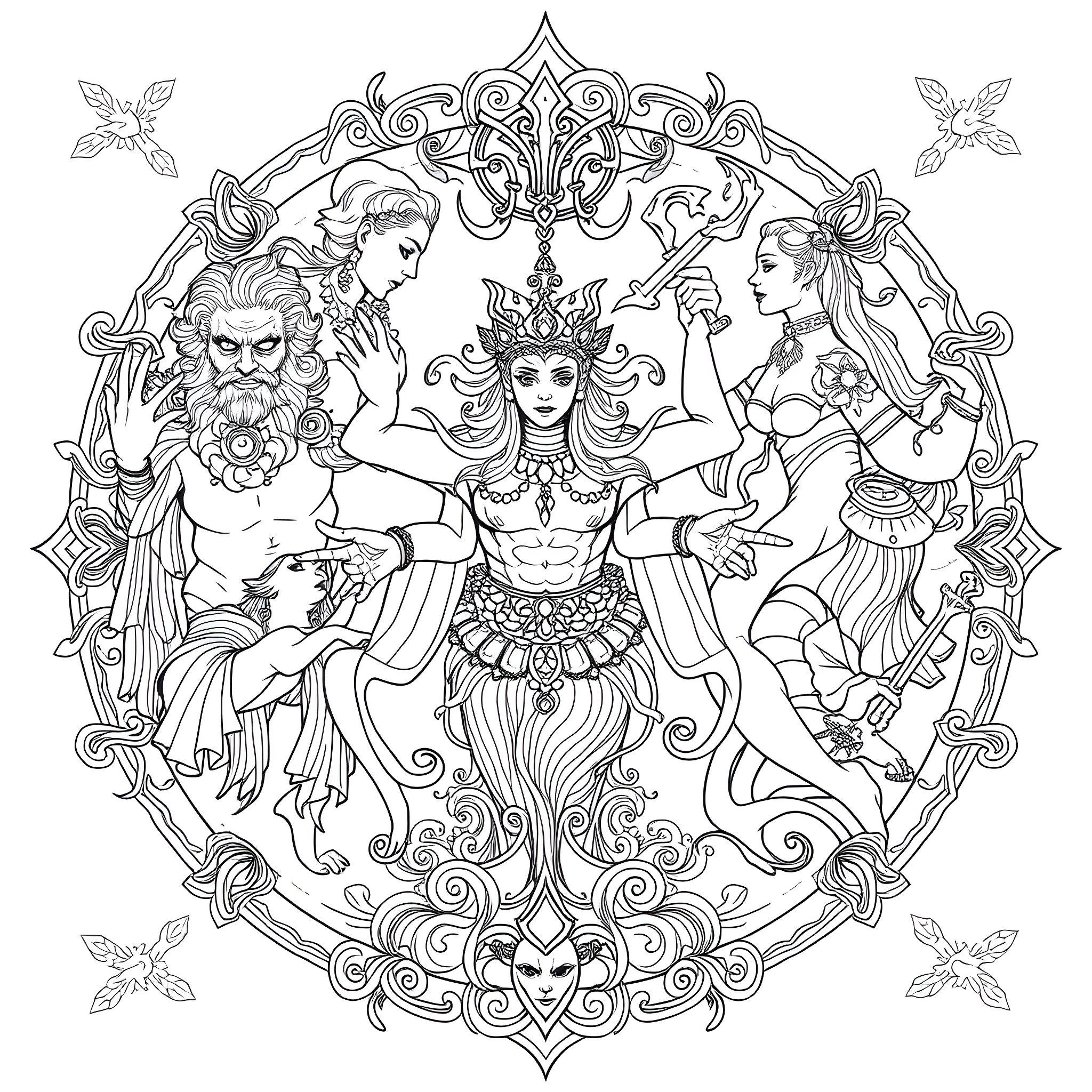 Sin of the Fallen Goddess and Her Devotees Coloring Page (free black-and-white line drawing printable PDF for all, from beginners to advanced learners, including children, teens, adults, and seniors)