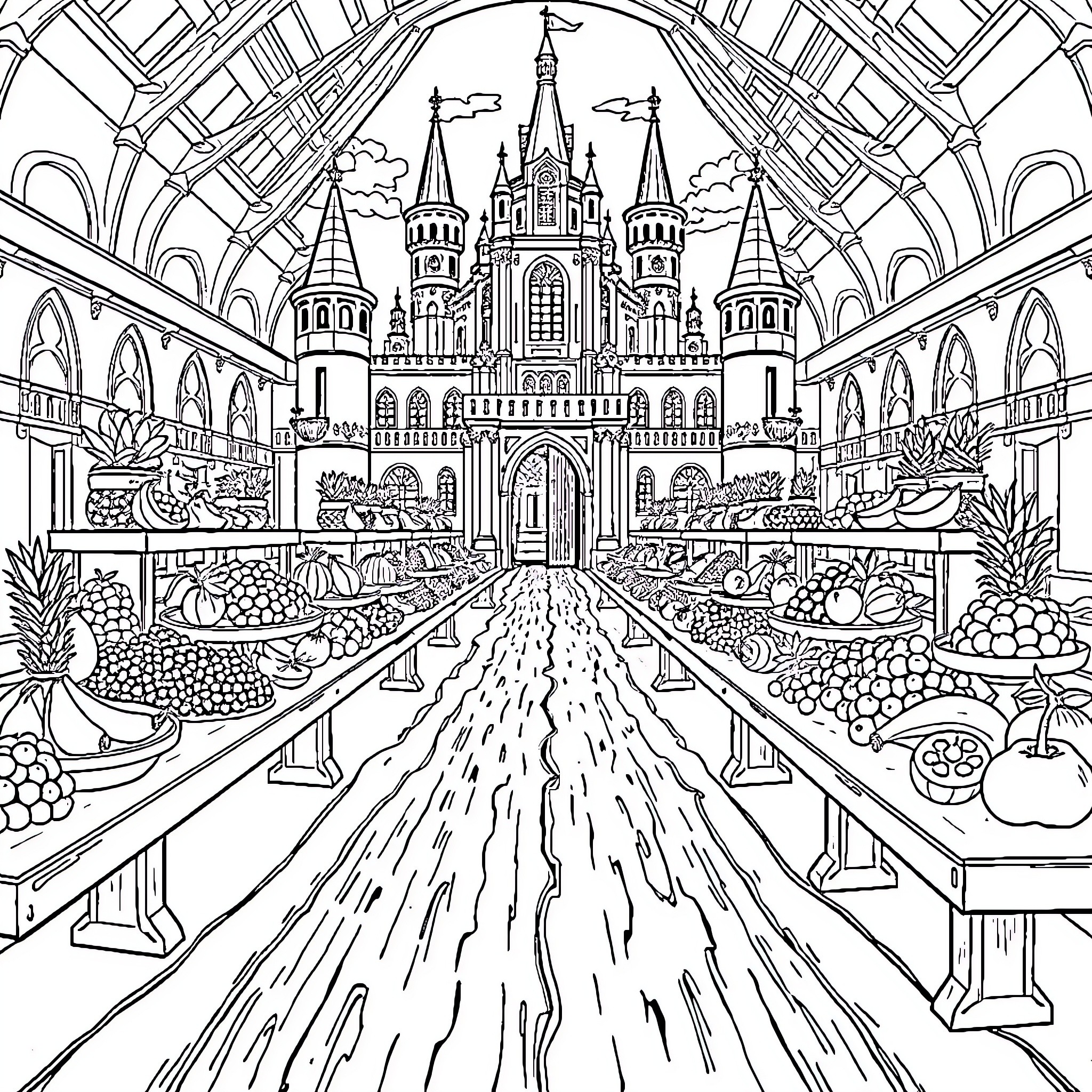 Fruit Stalls in a Magical Castle Marketplace Coloring Page (free black-and-white line drawing printable PDF for all, from beginners to advanced learners, including children, teens, adults, and seniors)