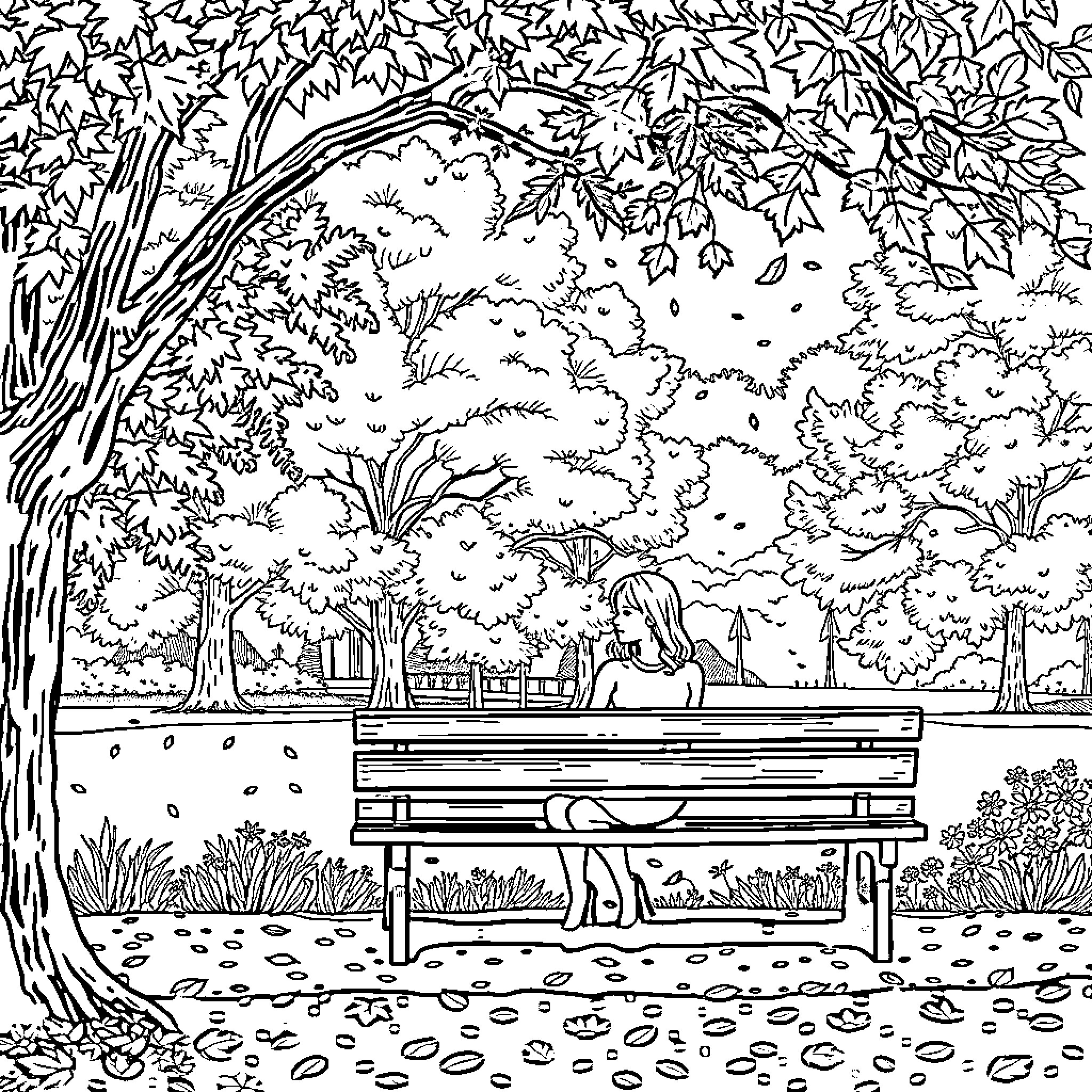 Lady relaxing peacefully on a park bench Coloring Page (free black-and-white line drawing printable PDF for all, from beginners to advanced learners, including children, teens, adults, and seniors)