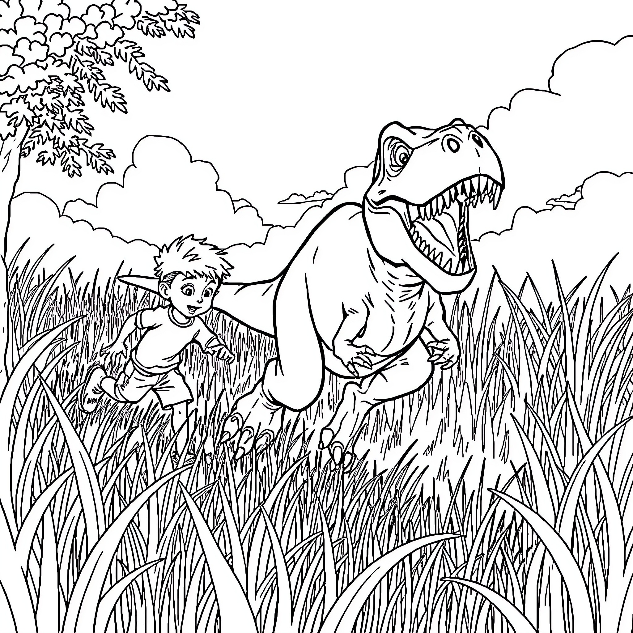 Boy encounters a fearsome dinosaur in the wild Coloring Page (free black-and-white line drawing printable PDF for all, from beginners to advanced learners, including children, teens, adults, and seniors)