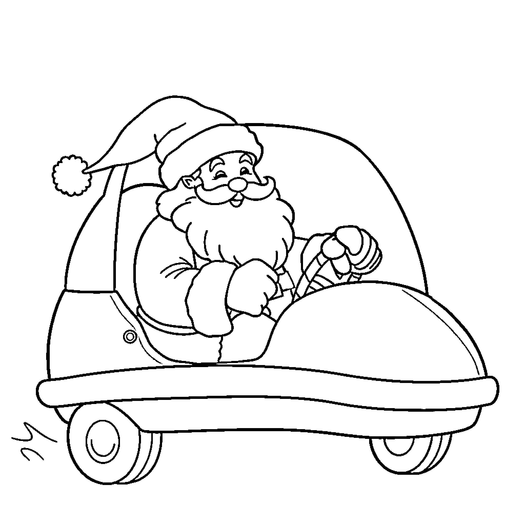 Santa driving a toy car Coloring Page (free black-and-white line drawing printable PDF for all, from beginners to advanced learners, including children, teens, adults, and seniors)