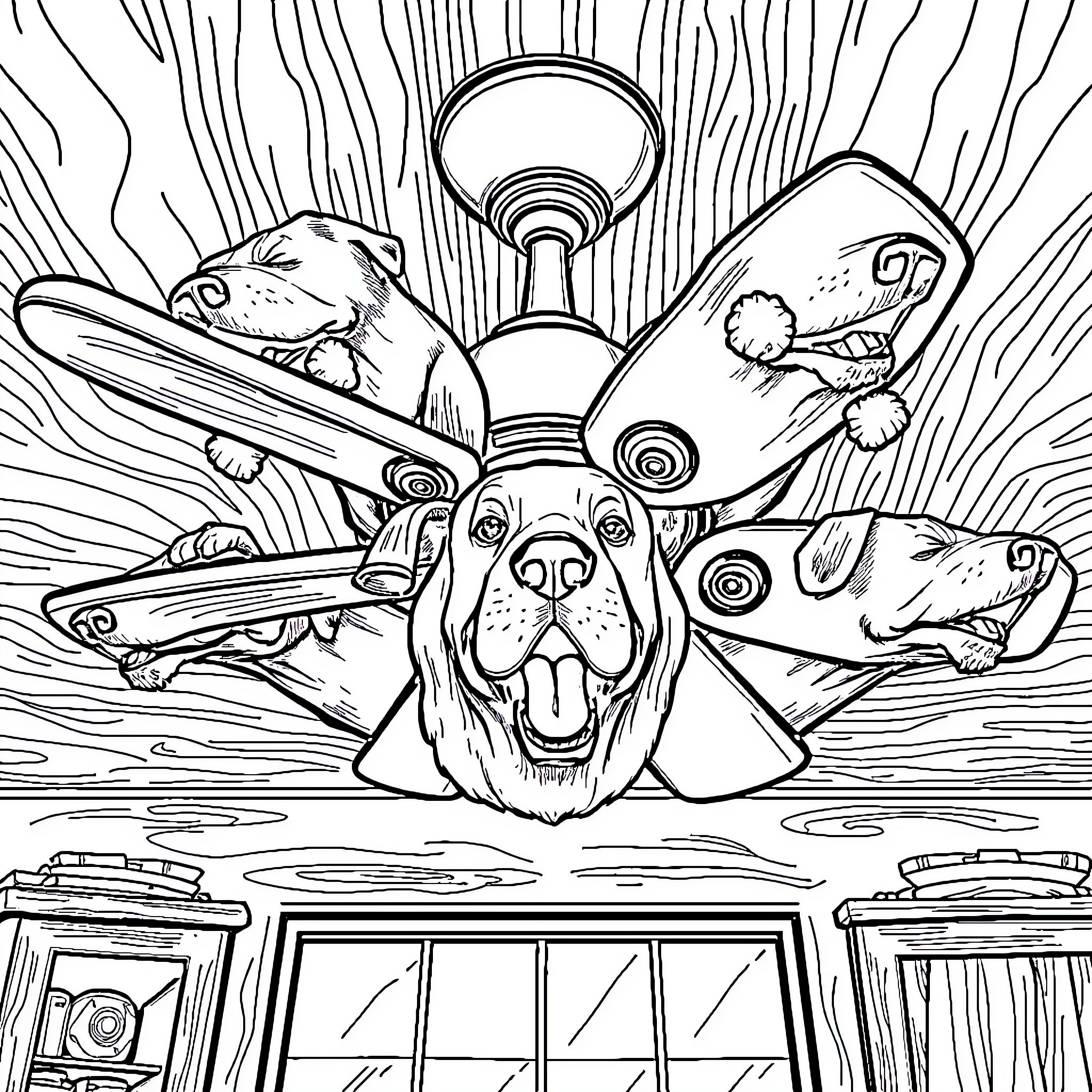 Fan-tastic Dogs in Artistic Surroundings Coloring Page (free black-and-white line drawing printable PDF for all, from beginners to advanced learners, including children, teens, adults, and seniors)