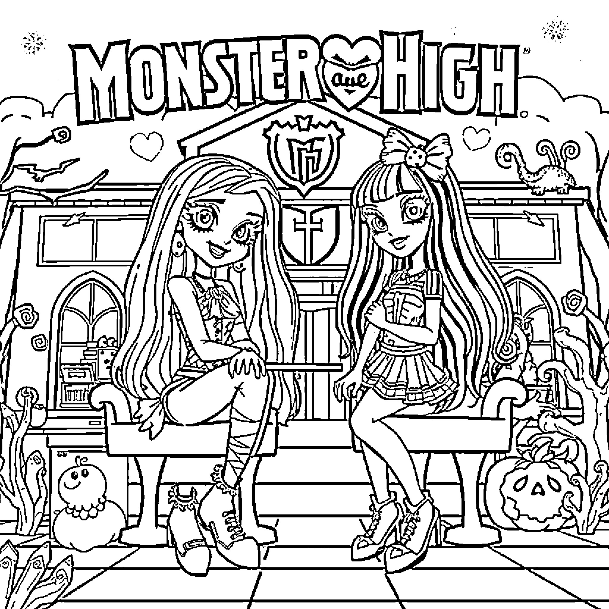 Monster High Characters in an Animated School Scene Coloring Page (free black-and-white line drawing printable PDF for all, from beginners to advanced learners, including children, teens, adults, and seniors)