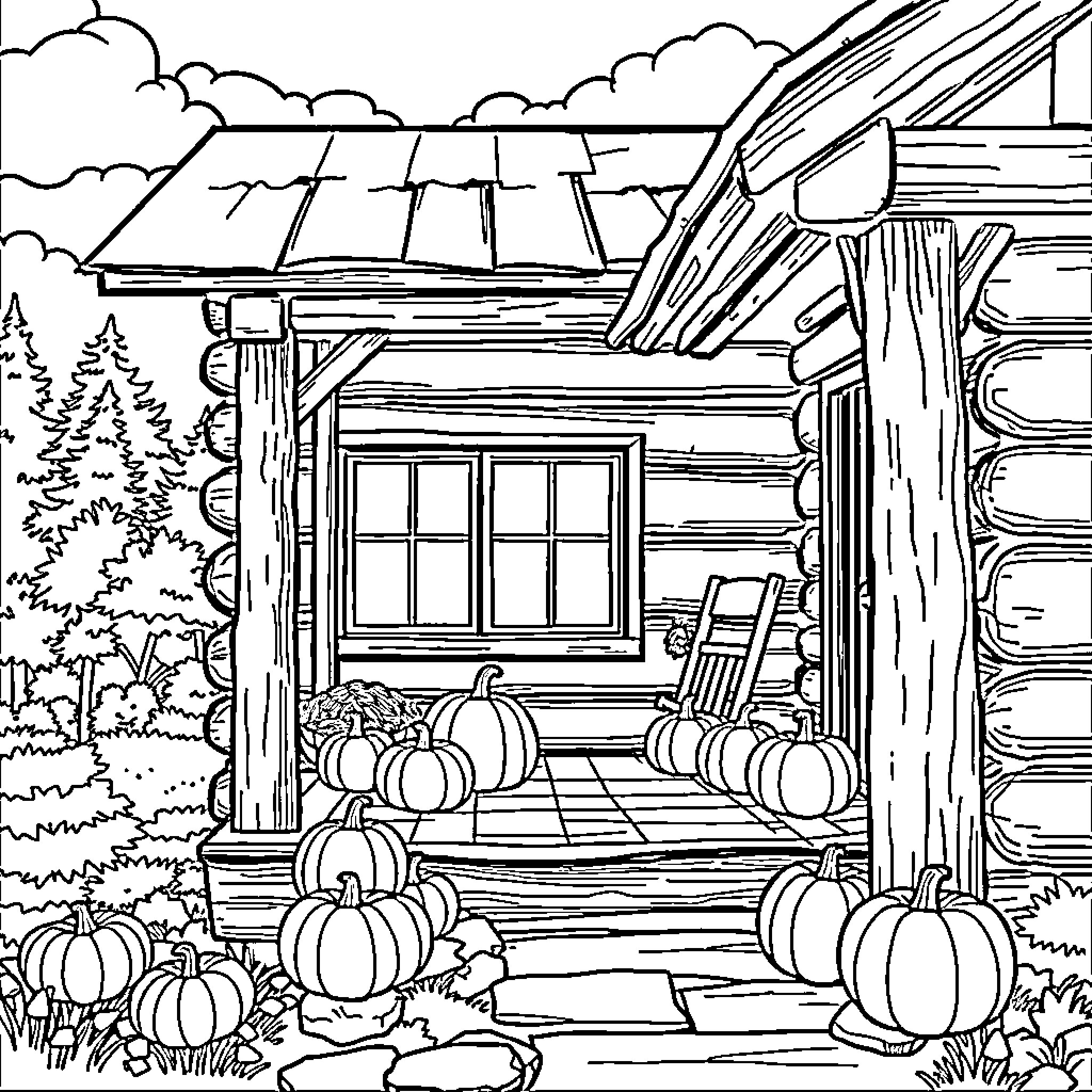 Log Cabin with Pumpkins on Porch in Autumn Coloring Page (free black-and-white line drawing printable PDF for all, from beginners to advanced learners, including children, teens, adults, and seniors)