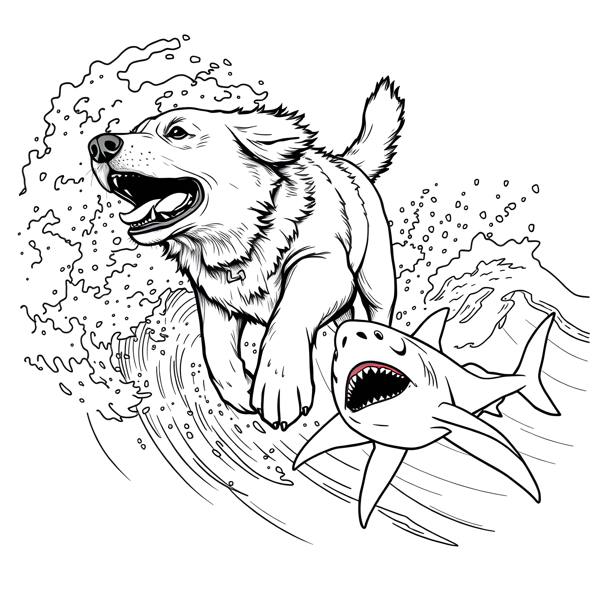 Golden Retriever Surfing with Shark Coloring Page (free black-and-white line drawing printable PDF for all, from beginners to advanced learners, including children, teens, adults, and seniors)