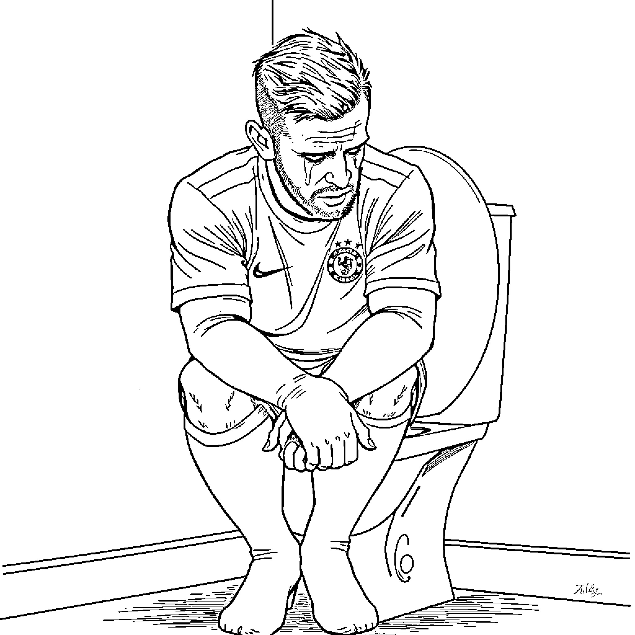 Wayne Rooney in a pensive moment Coloring Page (free black-and-white line drawing printable PDF for all, from beginners to advanced learners, including children, teens, adults, and seniors)