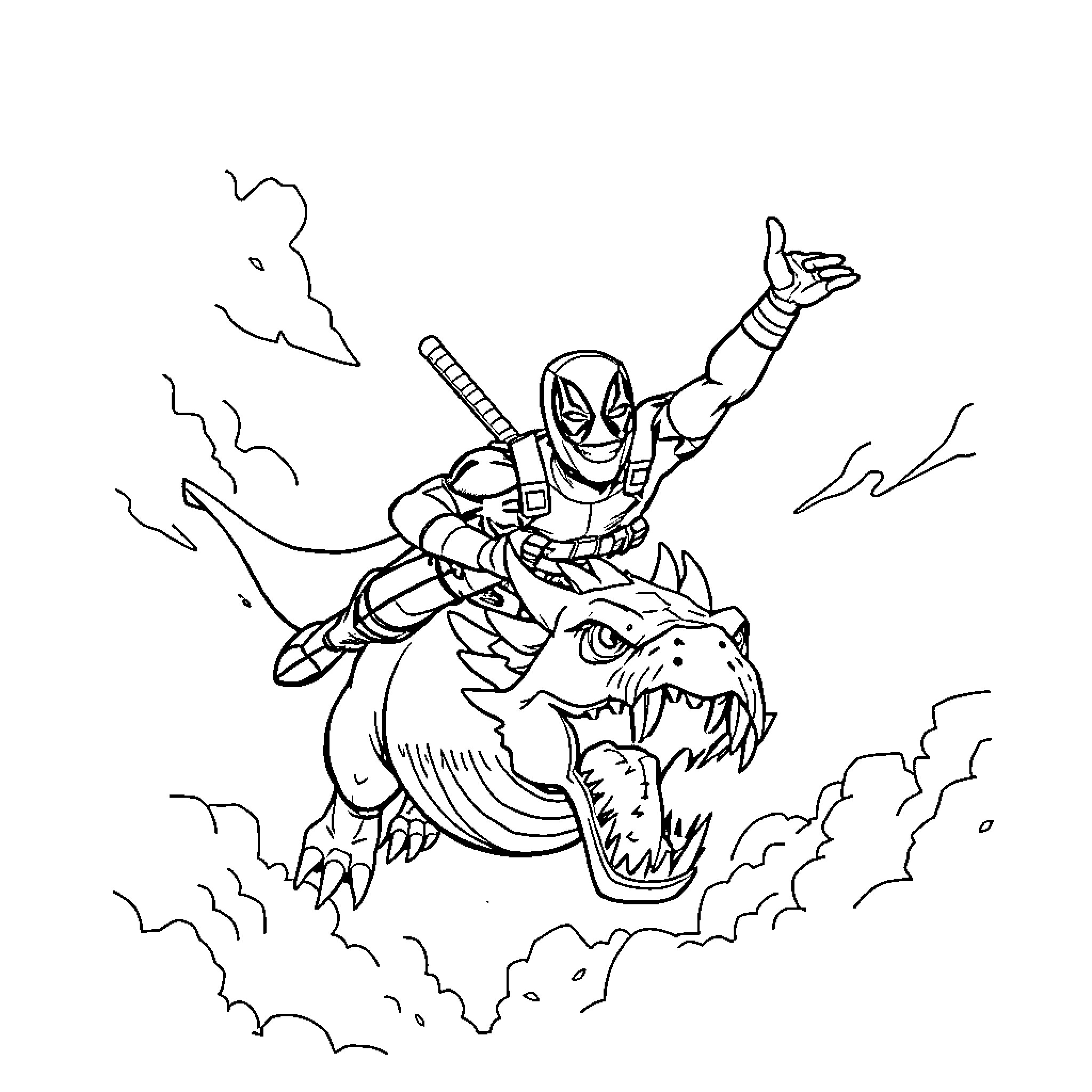 Deadpool riding a fierce dragon in action Coloring Page (free black-and-white line drawing printable PDF for all, from beginners to advanced learners, including children, teens, adults, and seniors)