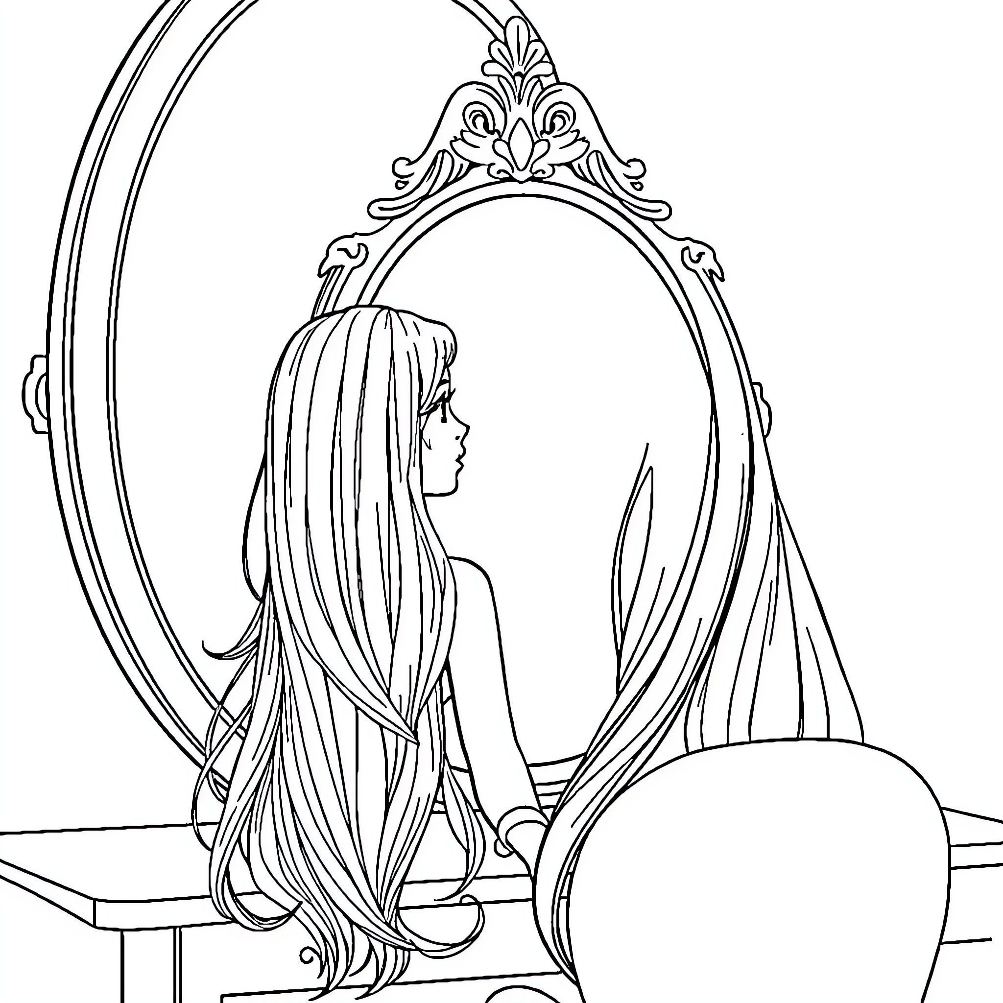 Girl gazing thoughtfully at her reflection in the mirror Coloring Page (free black-and-white line drawing printable PDF for all, from beginners to advanced learners, including children, teens, adults, and seniors)