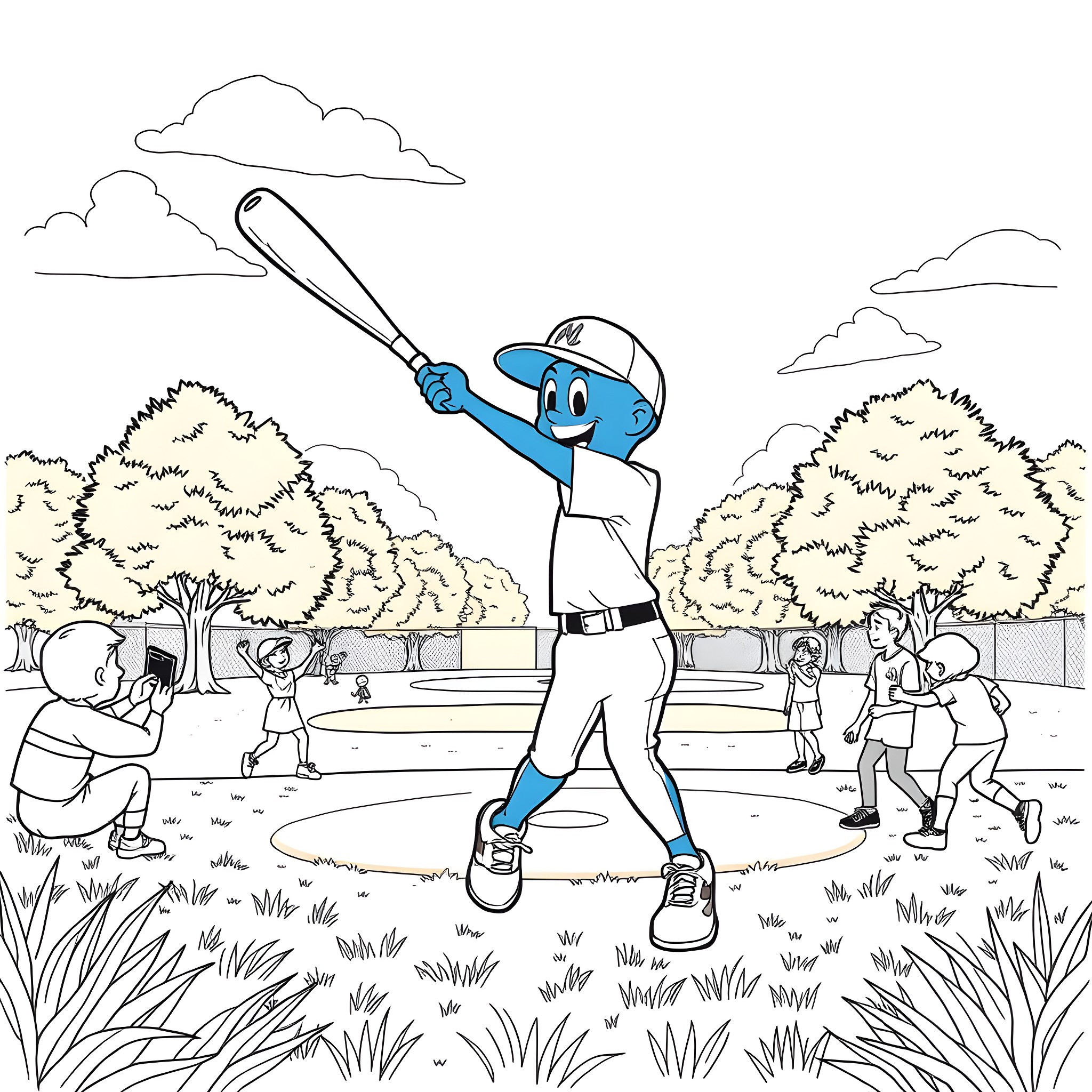 Bluey playing baseball with friends in the park Coloring Page (free black-and-white line drawing printable PDF for all, from beginners to advanced learners, including children, teens, adults, and seniors)