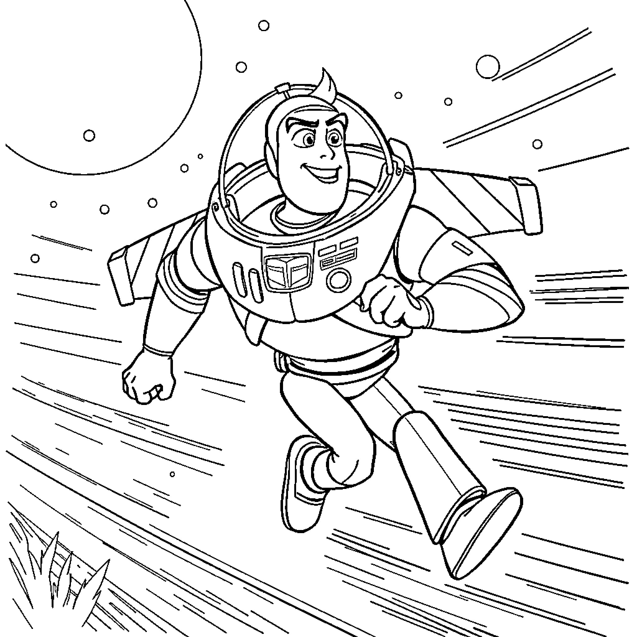 Buzz Lightyear Soars Through Space Coloring Page (free black-and-white line drawing printable PDF for all, from beginners to advanced learners, including children, teens, adults, and seniors)