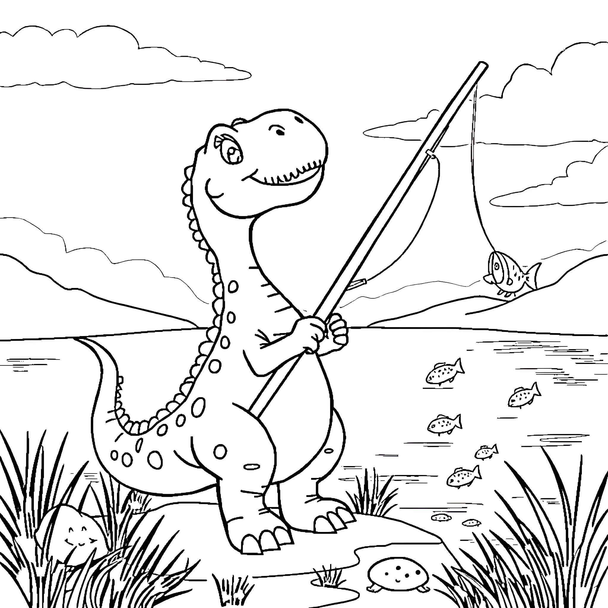 Dinosaur fishing happily by the river Coloring Page (free black-and-white line drawing printable PDF for all, from beginners to advanced learners, including children, teens, adults, and seniors)