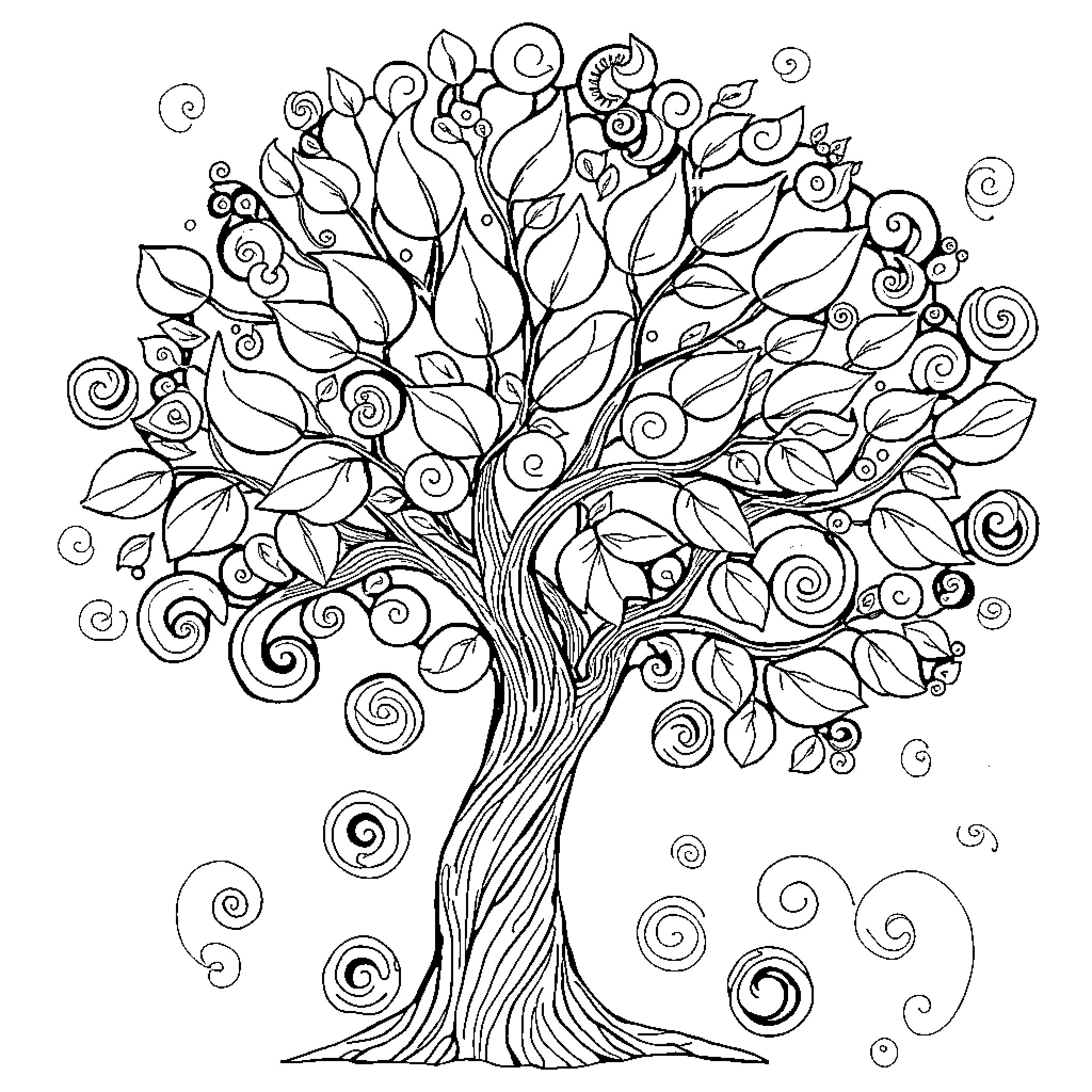 Tree of abstract flowing patterns and shapes Coloring Page (free black-and-white line drawing printable PDF for all, from beginners to advanced learners, including children, teens, adults, and seniors)