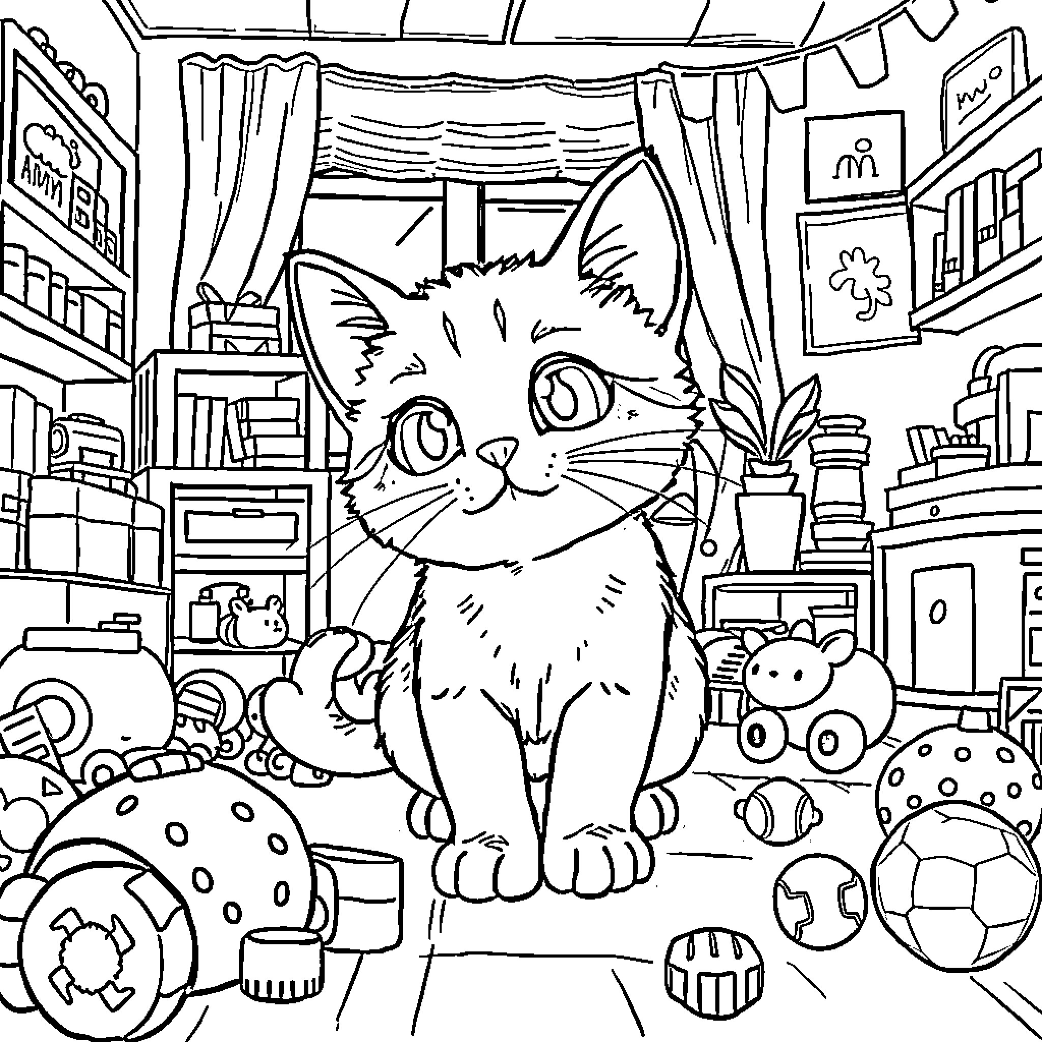 Maomao the Curious Kitty Exploring a Cozy Room Coloring Page (free black-and-white line drawing printable PDF for all, from beginners to advanced learners, including children, teens, adults, and seniors)