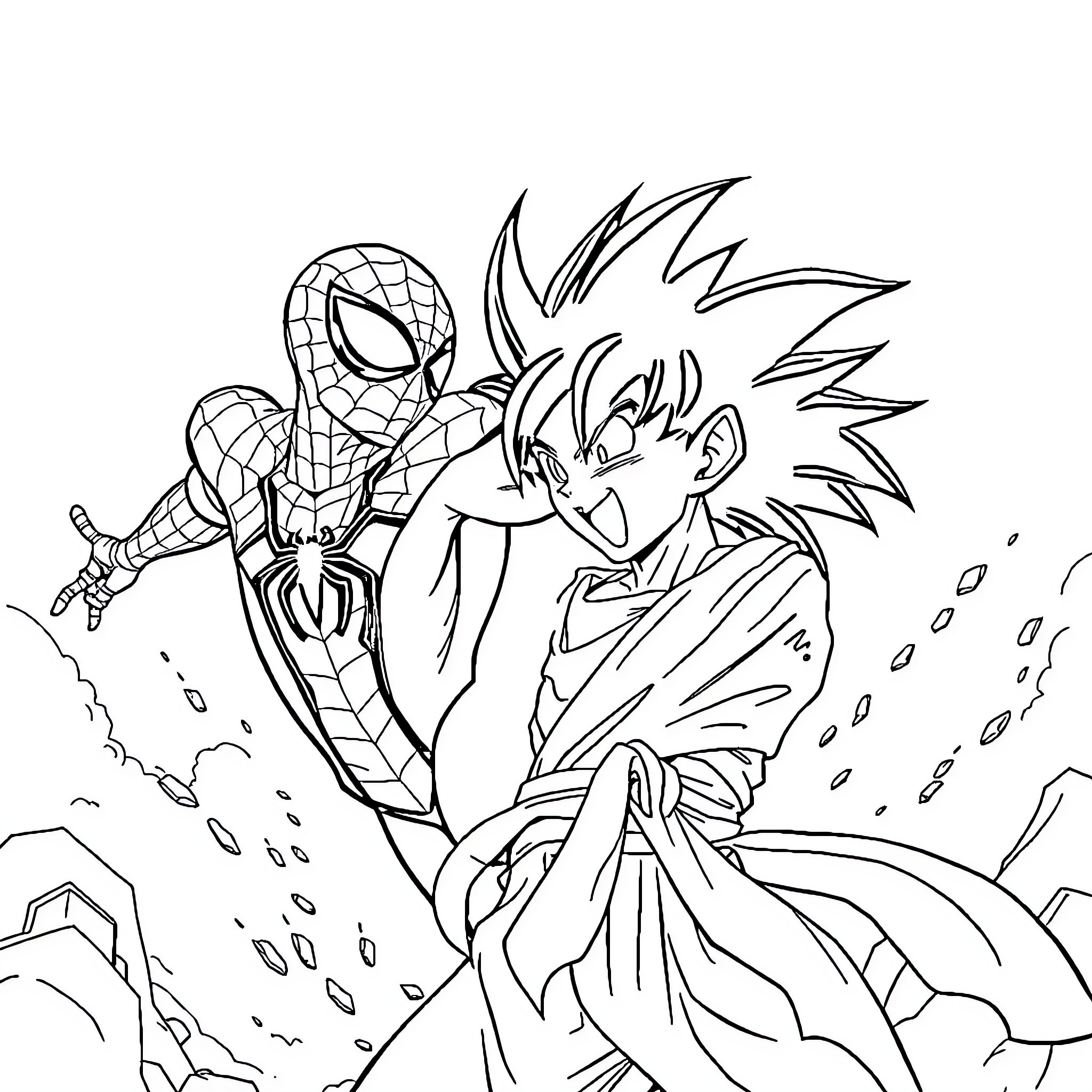 Spiderman in an intense battle with an anime-style character Coloring Page (free black-and-white line drawing printable PDF for all, from beginners to advanced learners, including children, teens, adults, and seniors)