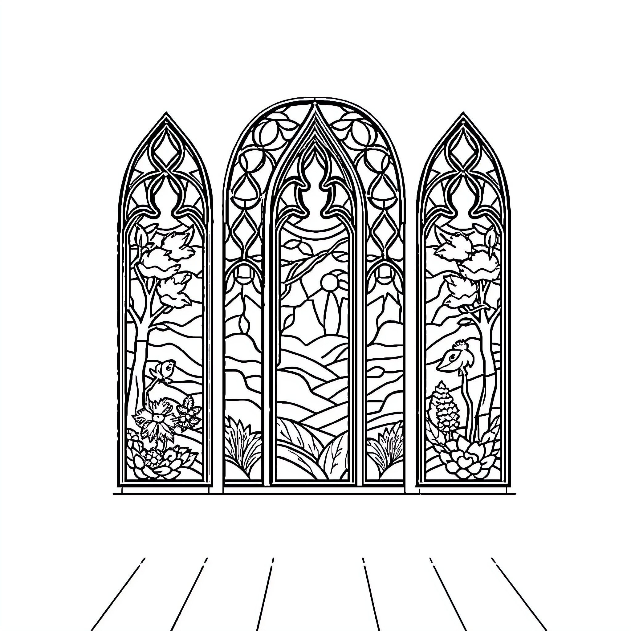 Stained Glass Window Depicting Idyllic Pastoral Scene Coloring Page (free black-and-white line drawing printable PDF for all, from beginners to advanced learners, including children, teens, adults, and seniors)