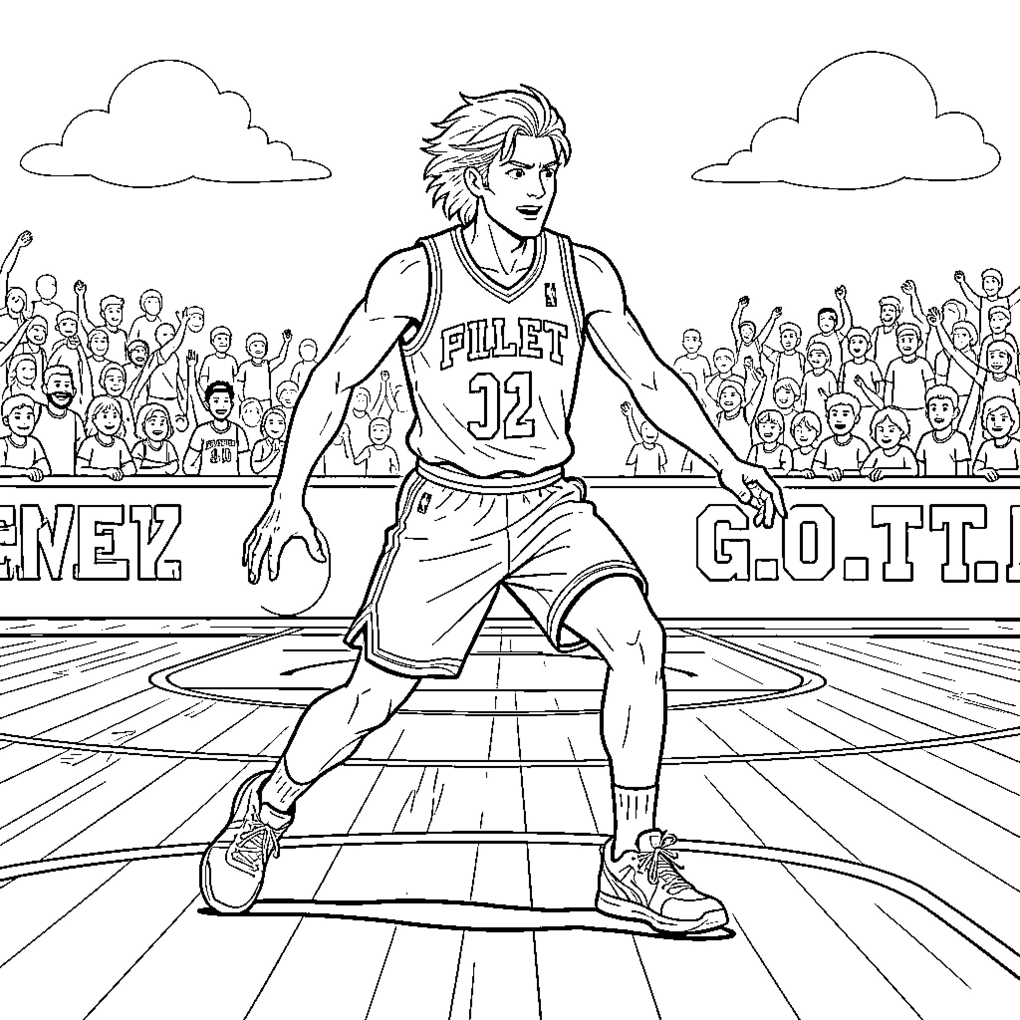 Jett Fillmore dribbling a basketball during a game Coloring Page (free black-and-white line drawing printable PDF for all, from beginners to advanced learners, including children, teens, adults, and seniors)