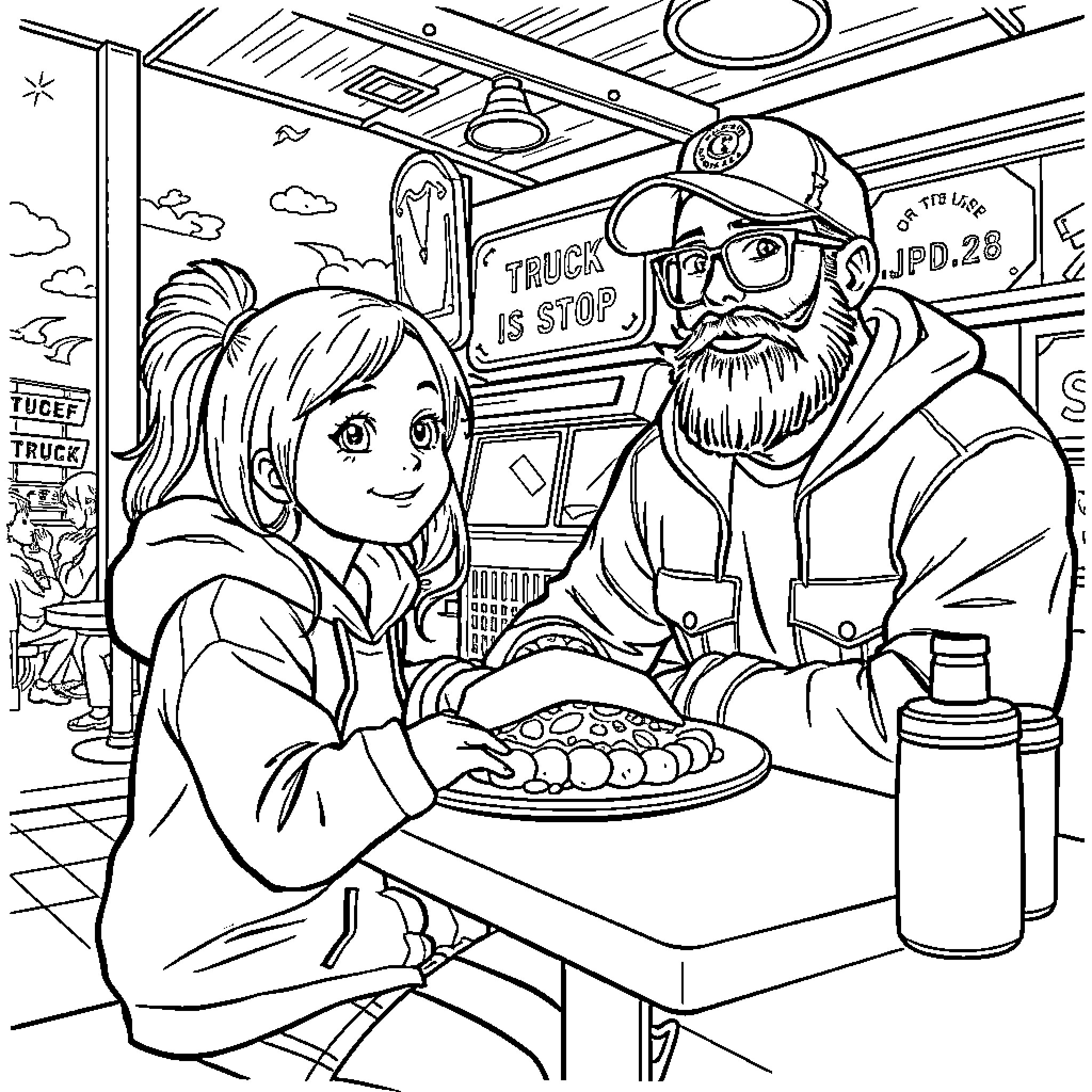 Girl and Truck Driver Sharing a Meal Coloring Page (free black-and-white line drawing printable PDF for all, from beginners to advanced learners, including children, teens, adults, and seniors)