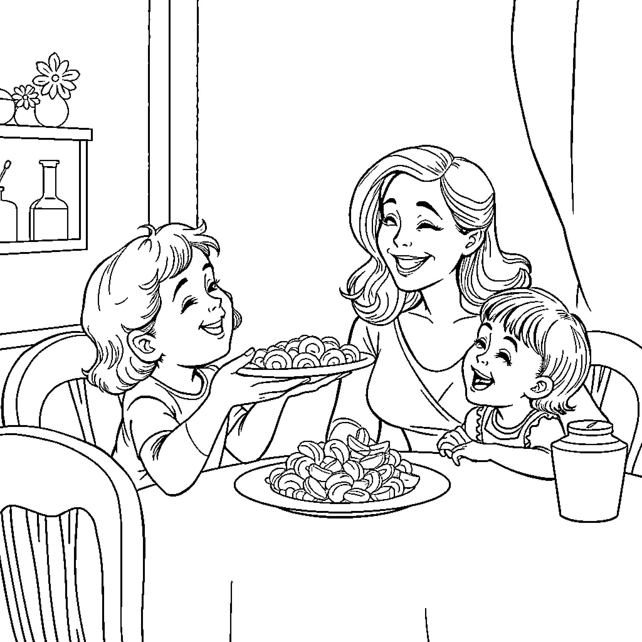 Woman serving baked treats to happy family Coloring Page (free black-and-white line drawing printable PDF for all, from beginners to advanced learners, including children, teens, adults, and seniors)