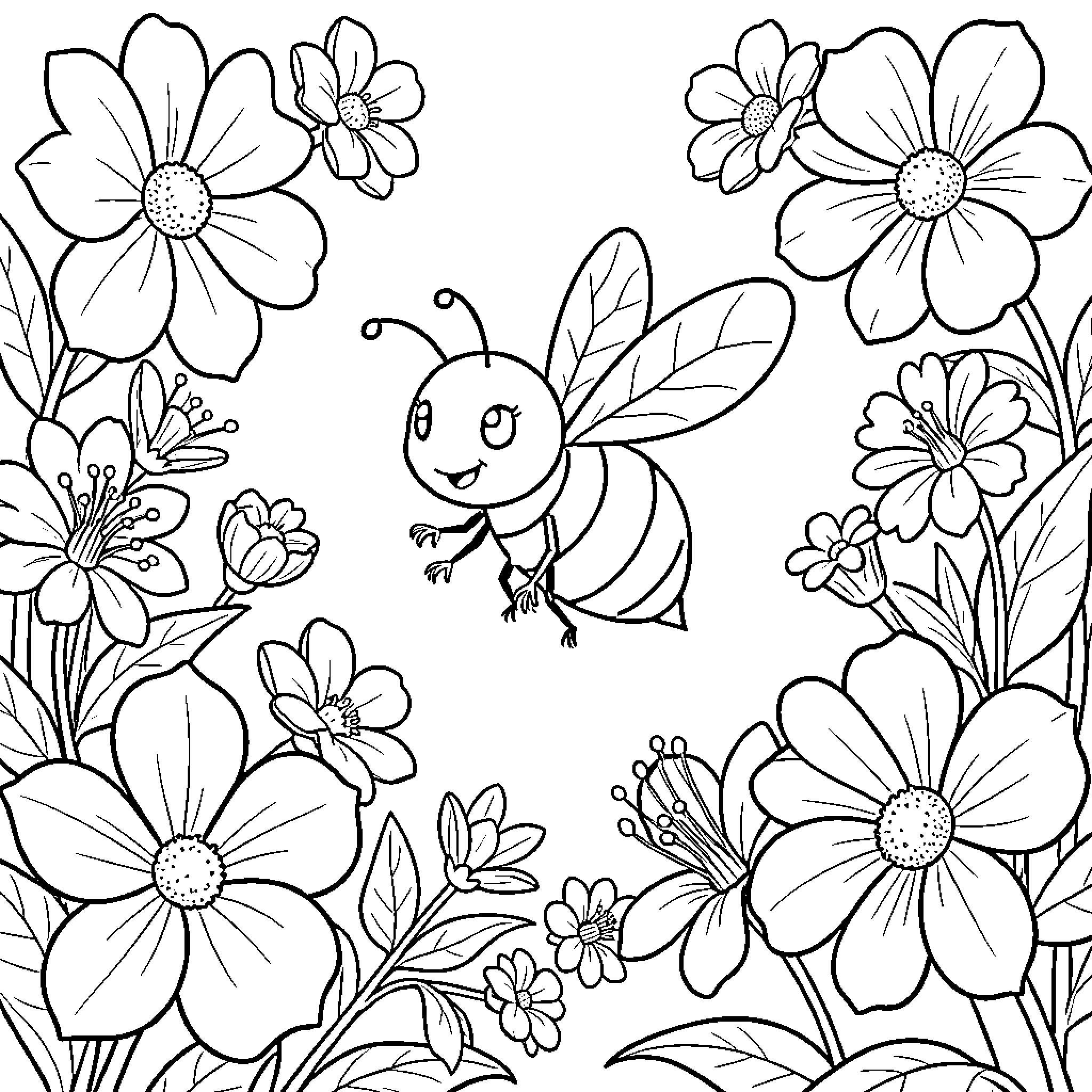 Bee flying happily among blooming flowers Coloring Page (free black-and-white line drawing printable PDF for all, from beginners to advanced learners, including children, teens, adults, and seniors)