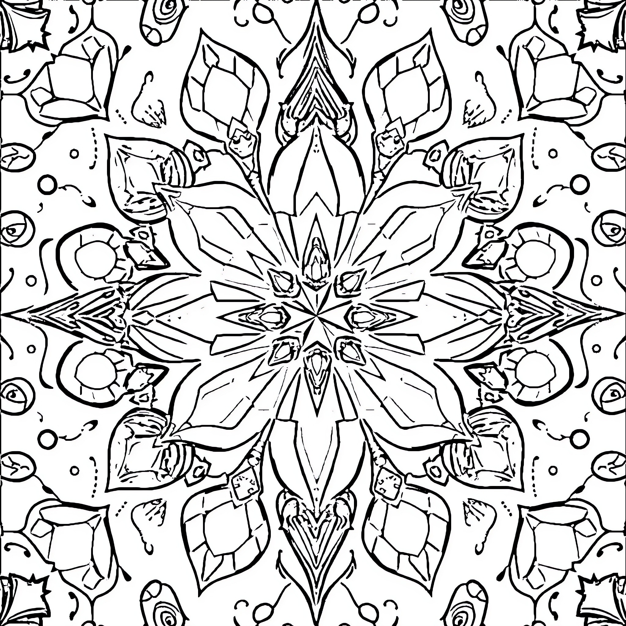 Diamond-shaped abstract floral pattern Coloring Page (free black-and-white line drawing printable PDF for all, from beginners to advanced learners, including children, teens, adults, and seniors)