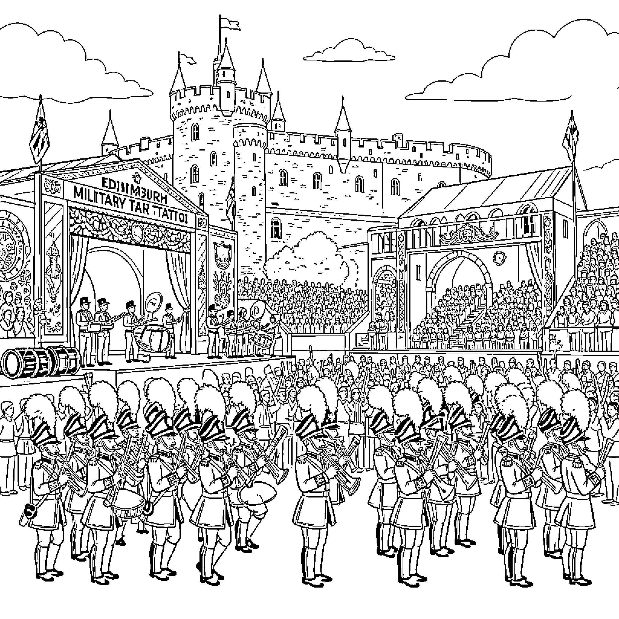 Military Tattoo featuring marching band performing before castle Coloring Page (free black-and-white line drawing printable PDF for all, from beginners to advanced learners, including children, teens, adults, and seniors)