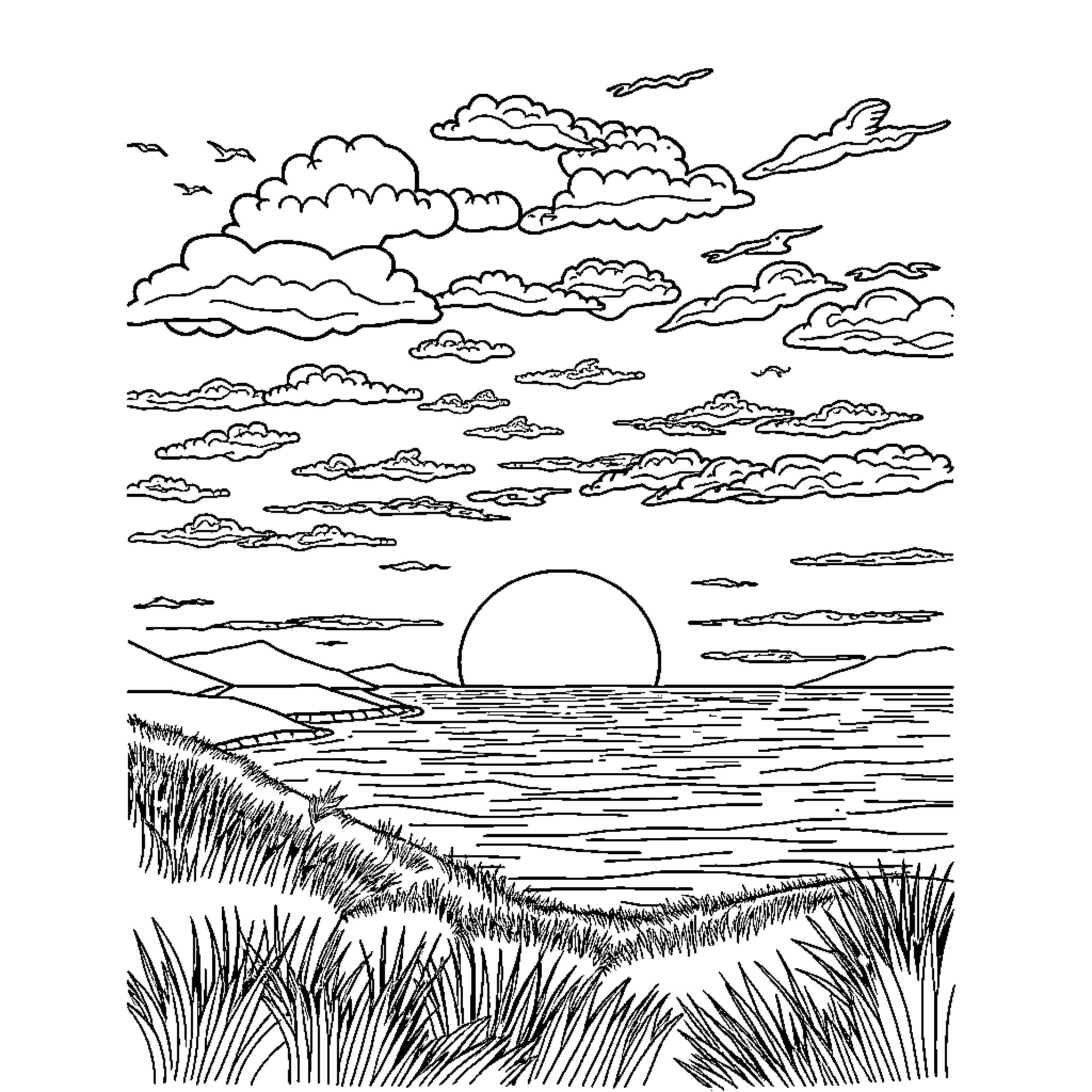 Sunset over serene coastal landscape Coloring Page (free black-and-white line drawing printable PDF for all, from beginners to advanced learners, including children, teens, adults, and seniors)