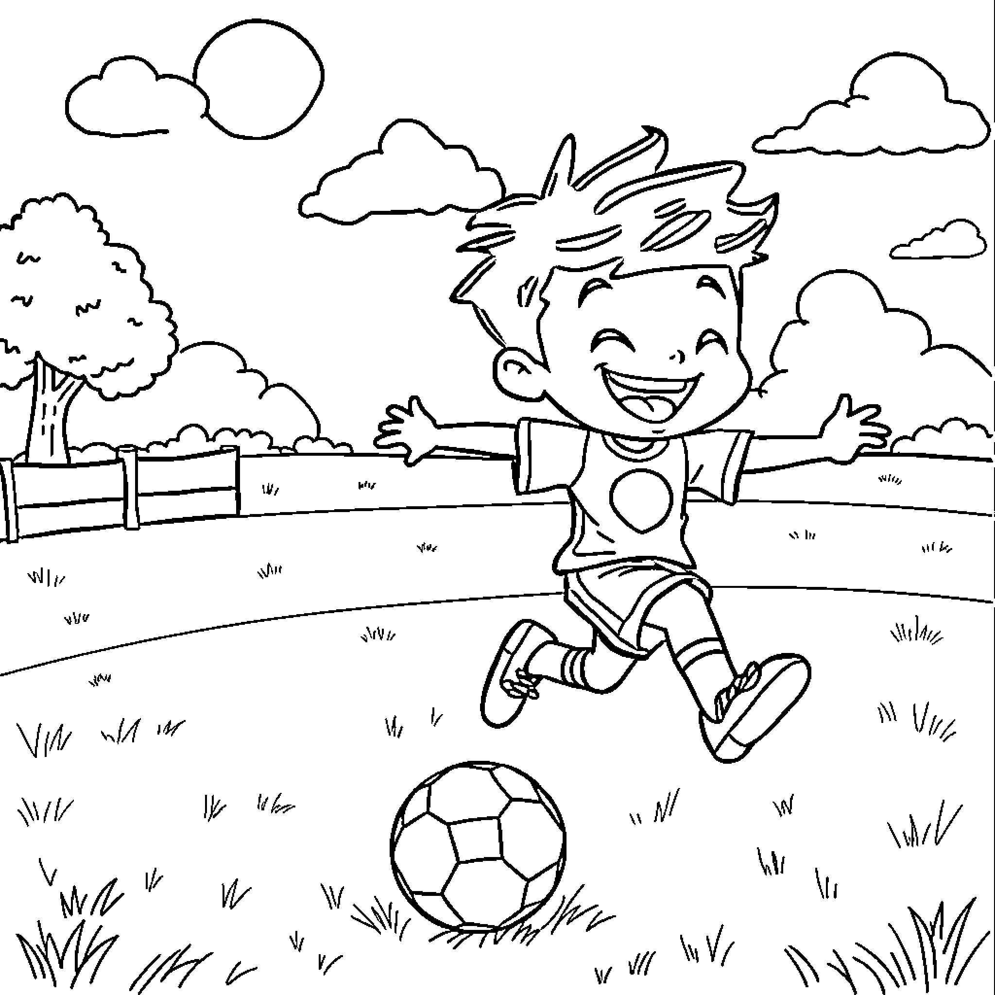 Kidfiury playing with a soccer ball outdoors Coloring Page (free black-and-white line drawing printable PDF for all, from beginners to advanced learners, including children, teens, adults, and seniors)