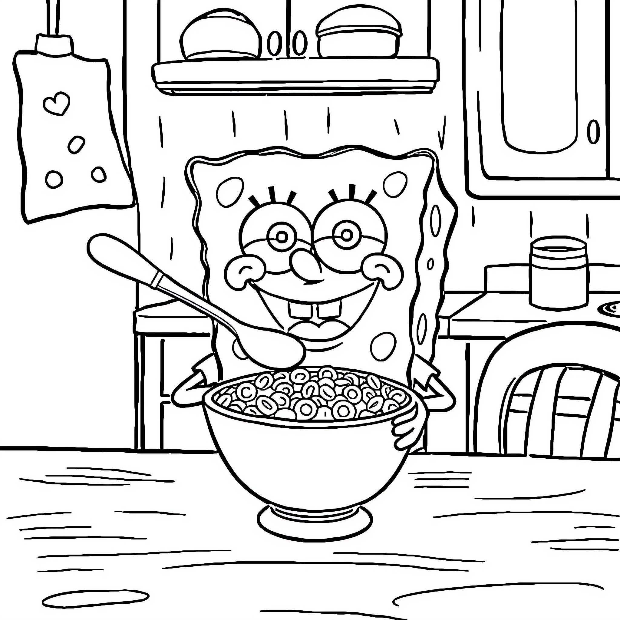 Spongebob Cooking a Tasty Meal in the Kitchen Coloring Page (free black-and-white line drawing printable PDF for all, from beginners to advanced learners, including children, teens, adults, and seniors)